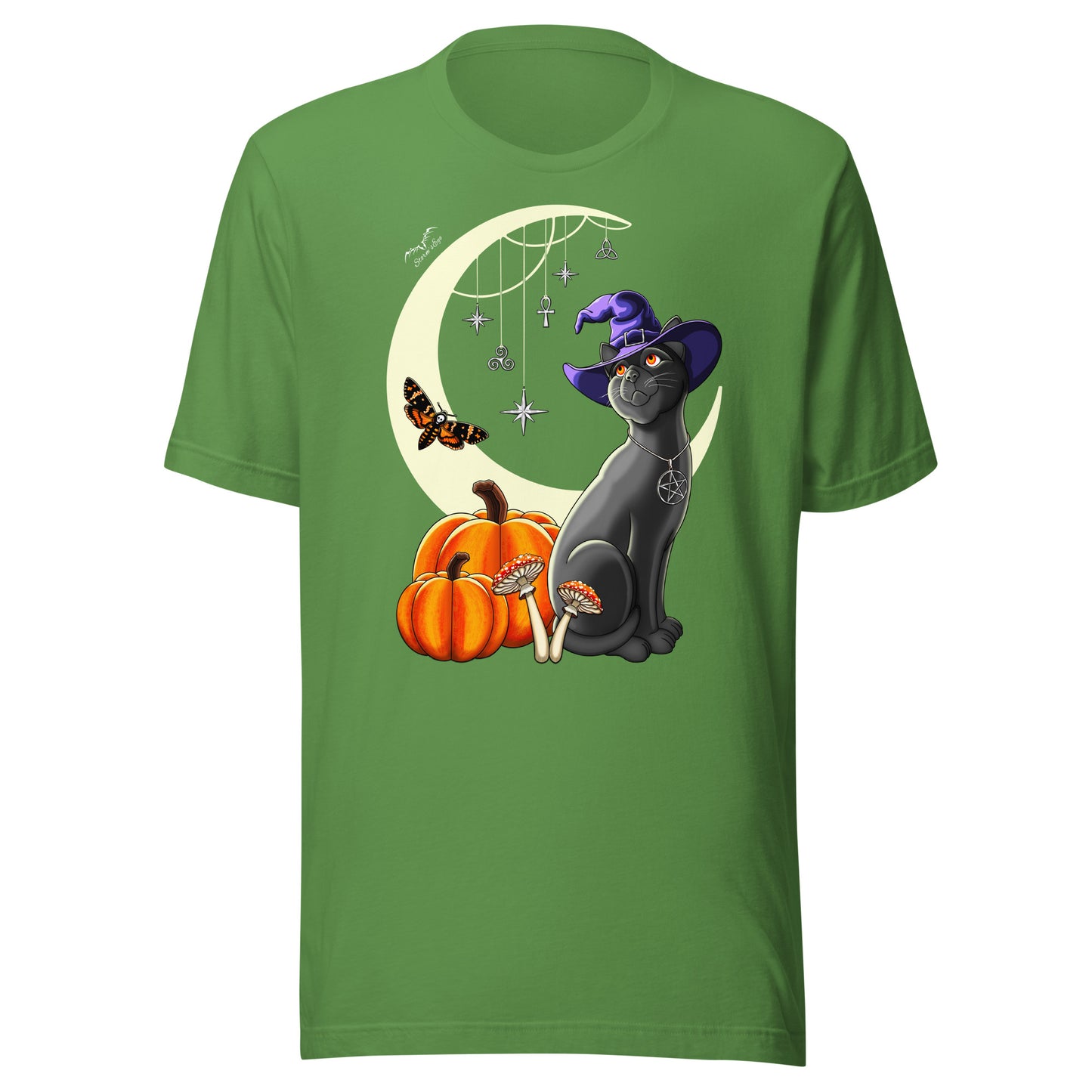 stormseye design witch's cat t-shirt halloween flat view leaf green