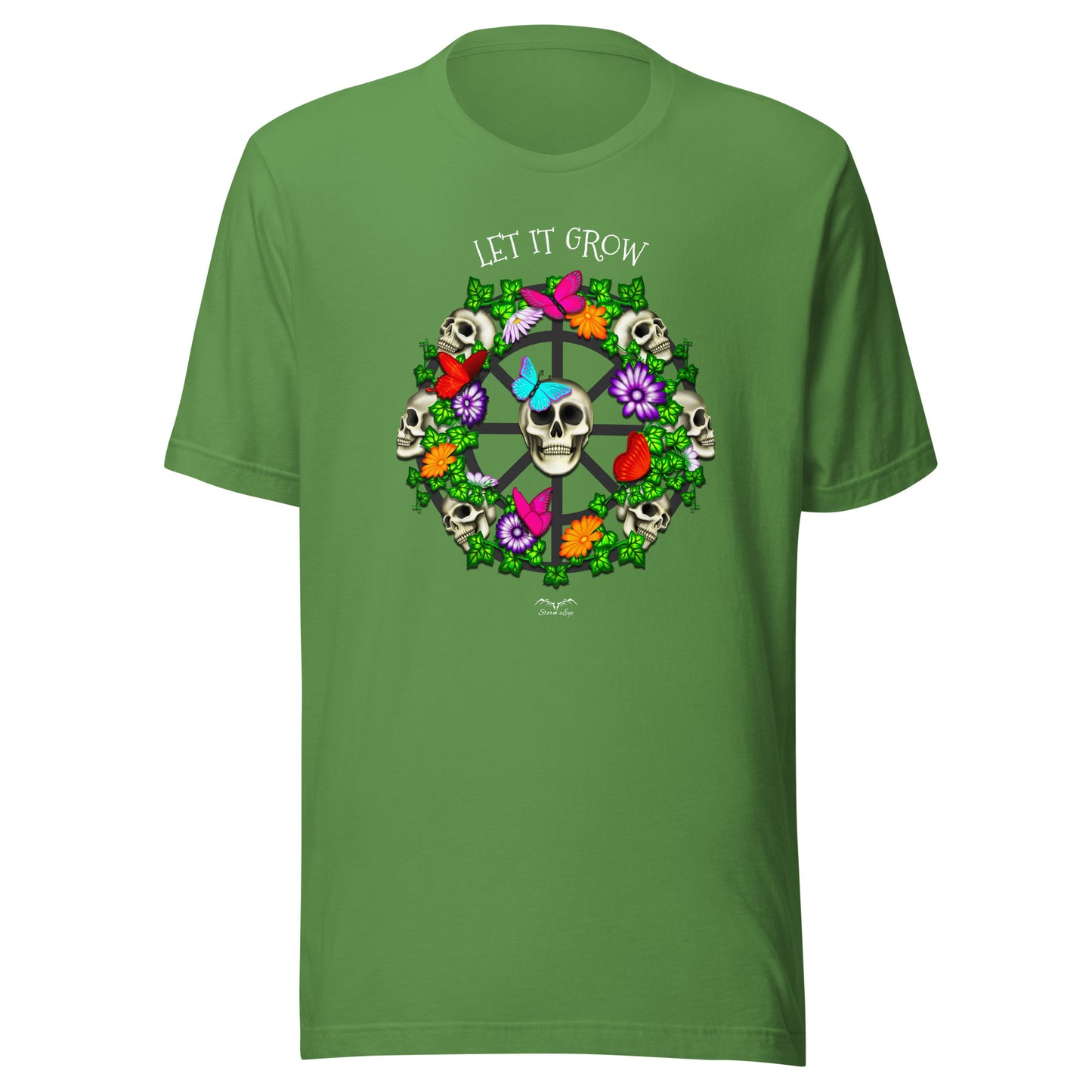 stormseye design skulls and flowers gothic T shirt, flat view leaf green
