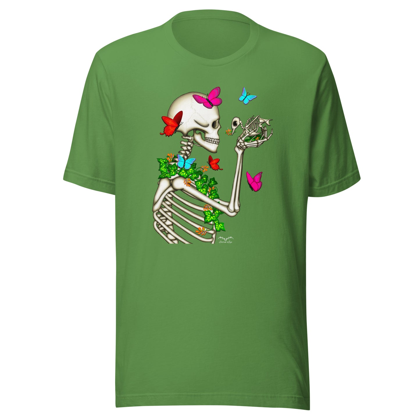 stormseye design skeleton and bird gothic T shirt, flat view leaf green