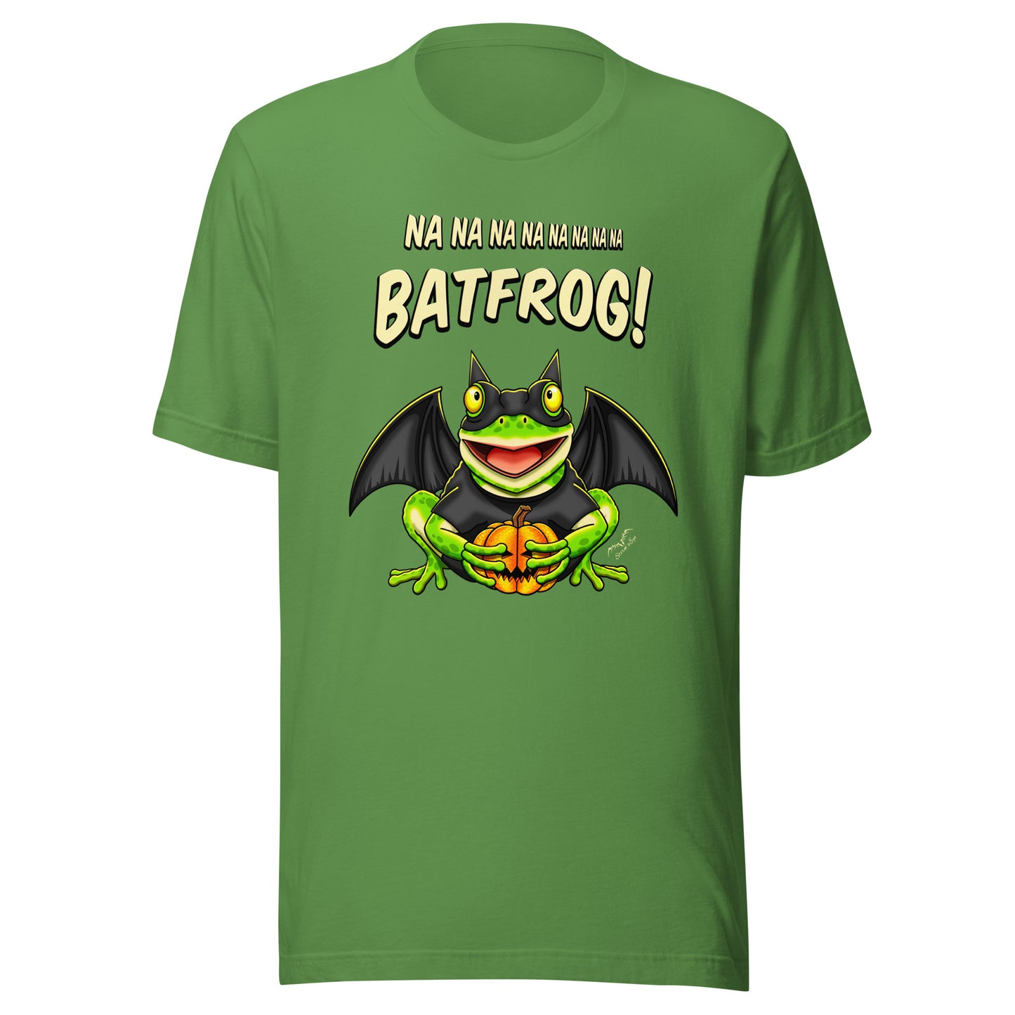stormseye design funny bat frog halloween T shirt flat view leaf green