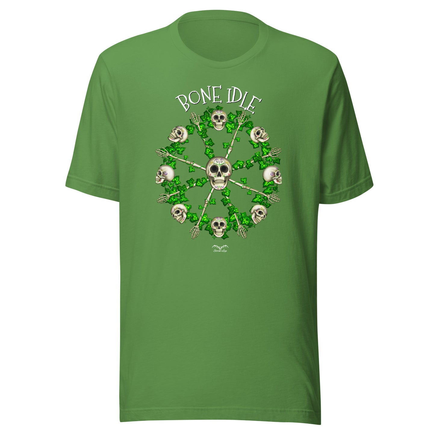 stormseye design bone idle sugar skulls T shirt flat view leaf green
