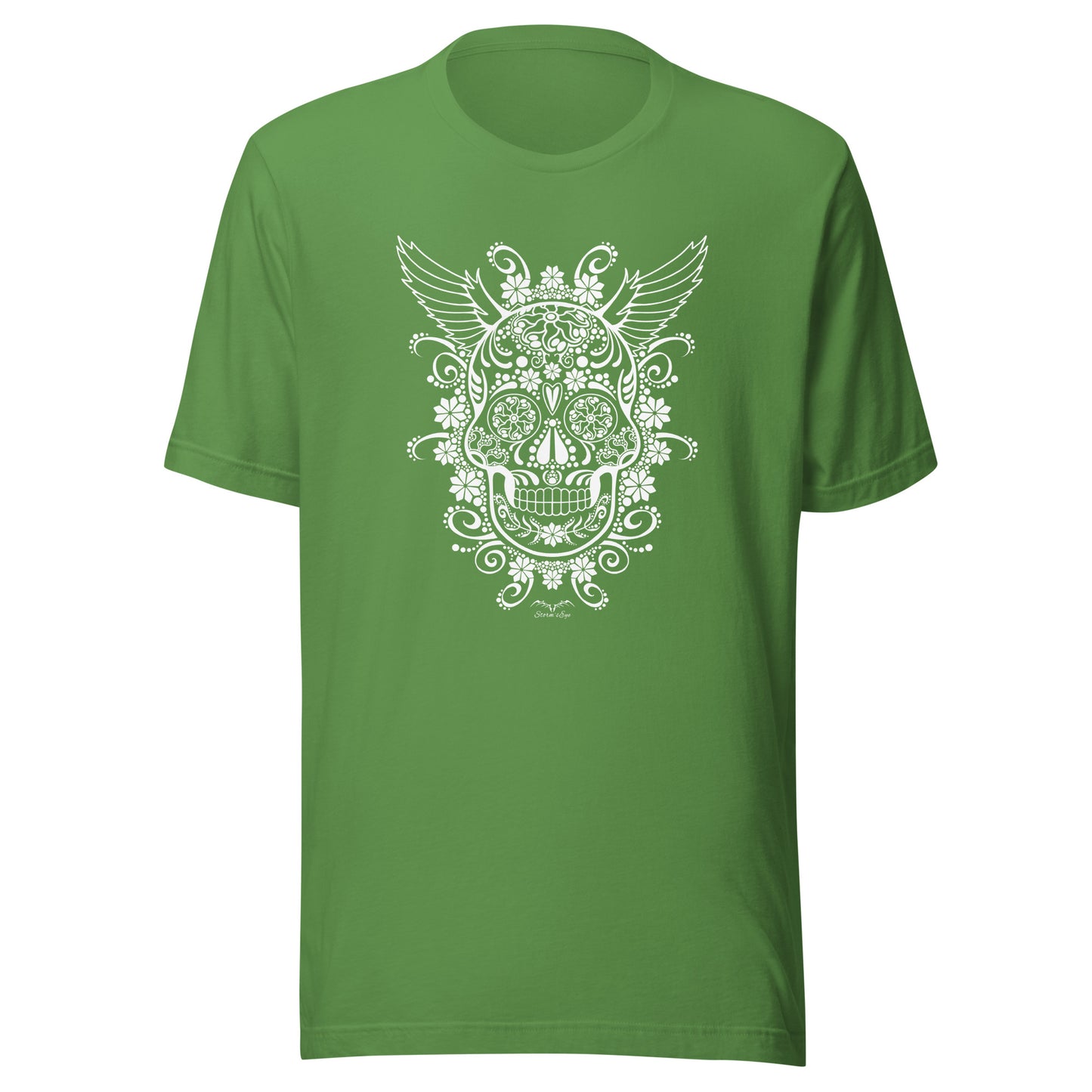 stormseye design gothic sugar skull T shirt flat view leaf green