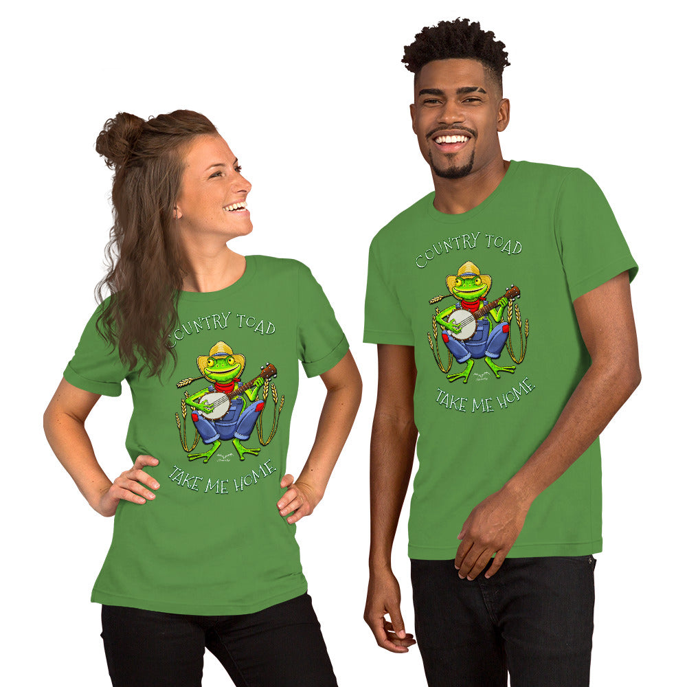 stormseye design country toad banjo T shirt, modelled view bright green