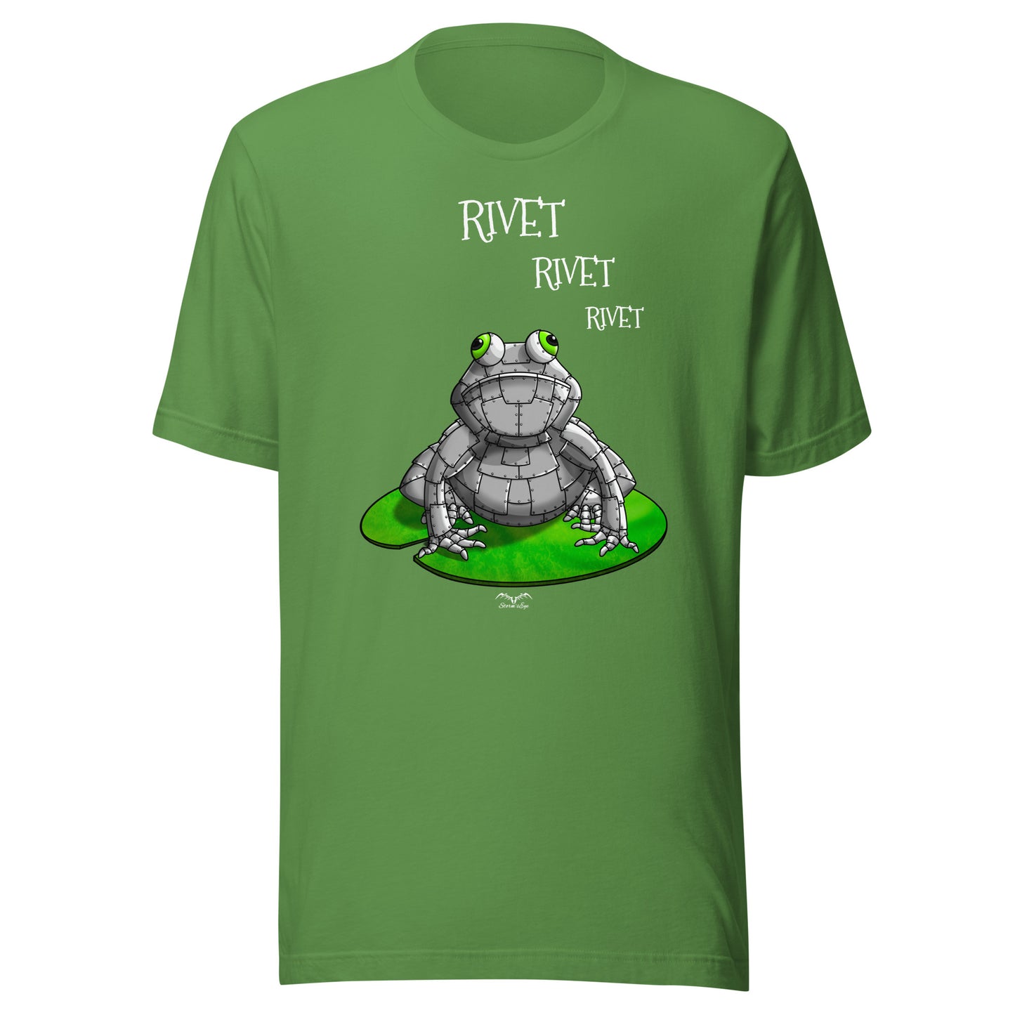 stormseye design metal frog T shirt, flat view leaf green