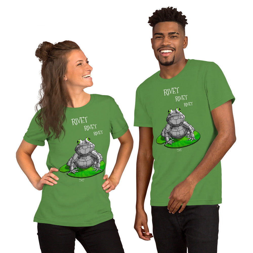 stormseye design metal frog T shirt, modelled view leaf green