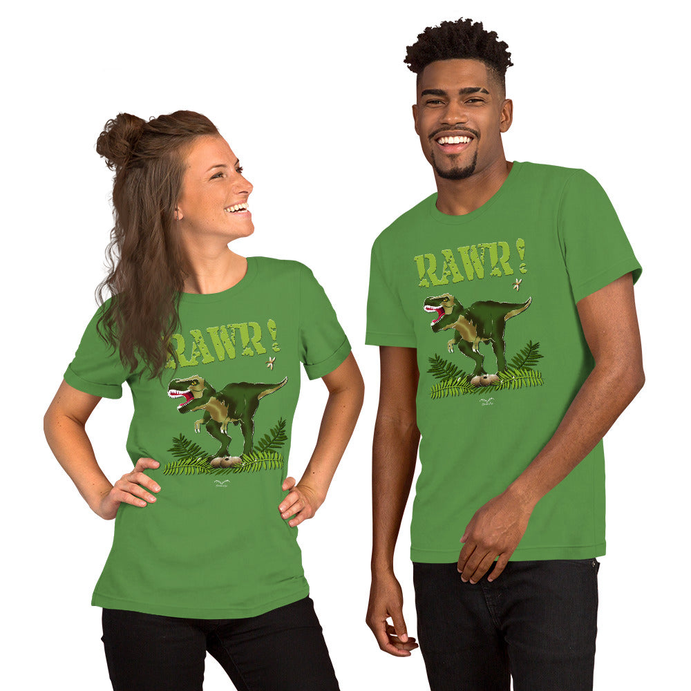 T Rex Dinosaur shirt by Stormseye, bright green modelled view