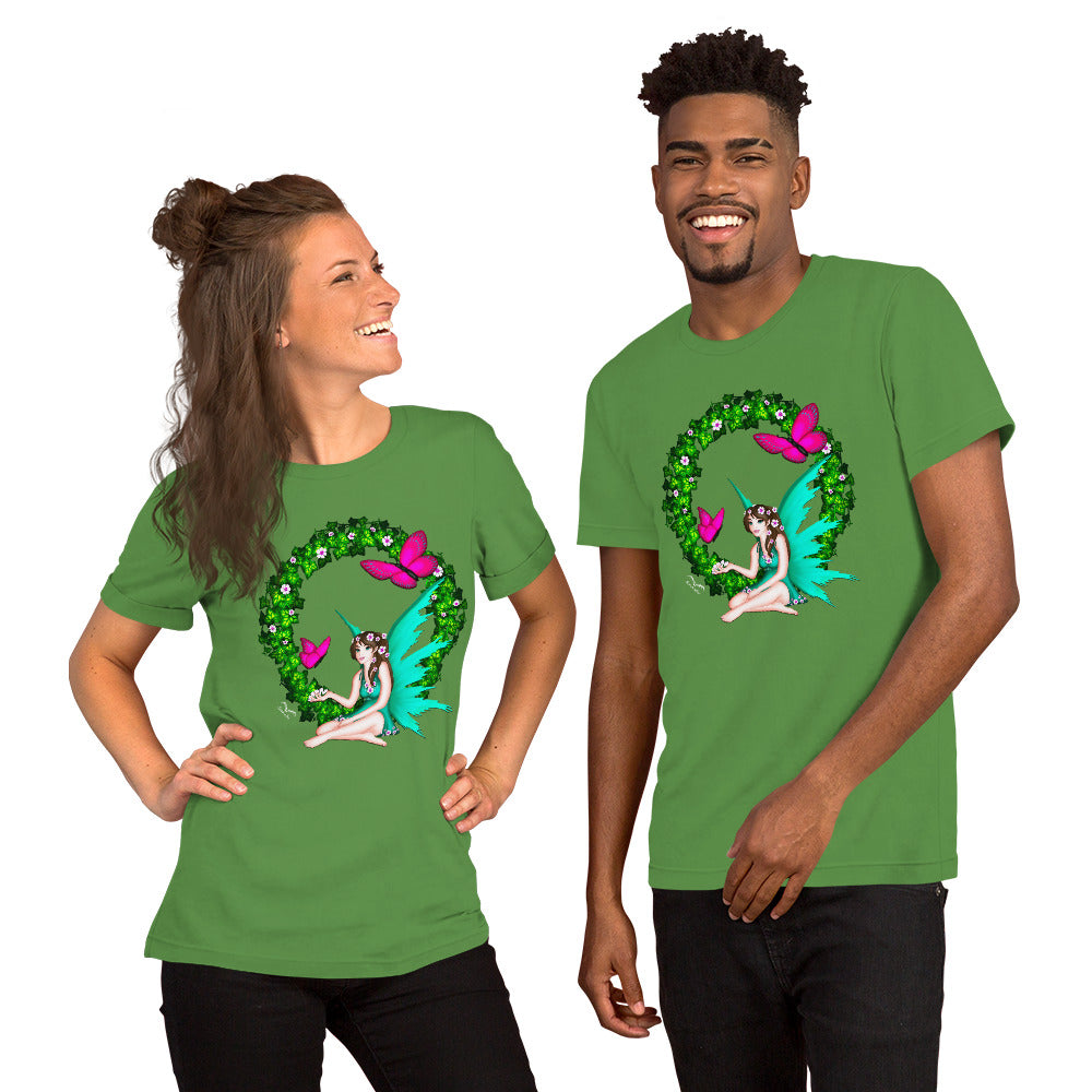 Butterfly Fairy shirt by Stormseye, bright green, modelled view