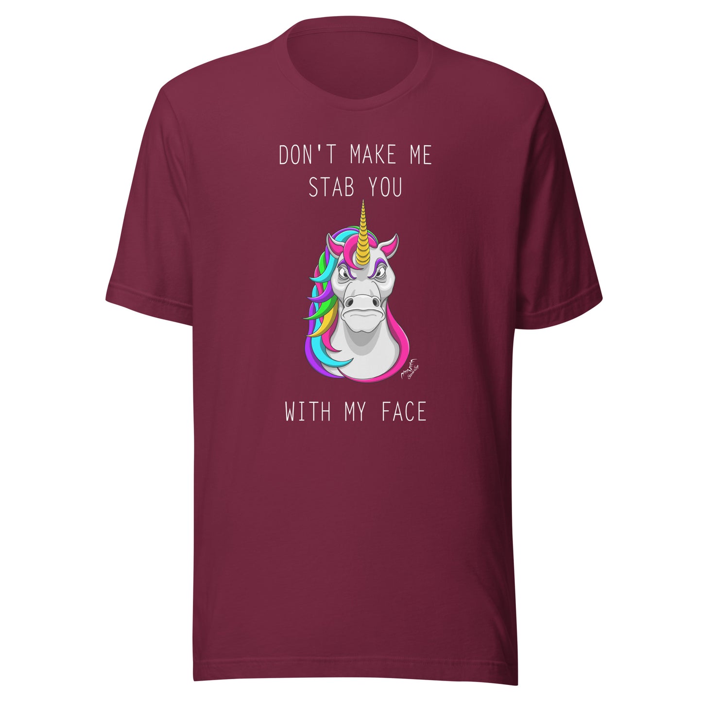 Funny Stabby Unicorn t-shirt wine red, by Stormseye Design