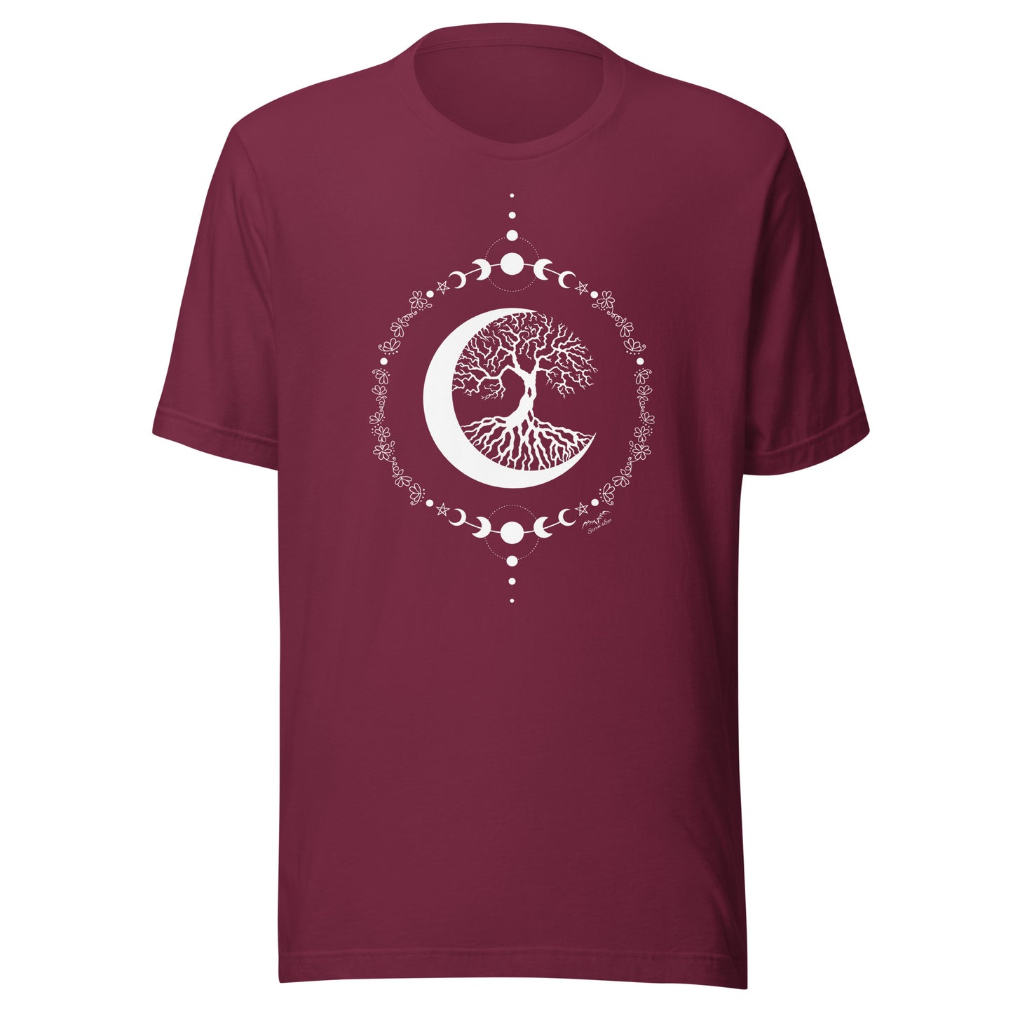 stormseye design witching hour tree of life T shirt, flat view naroon red