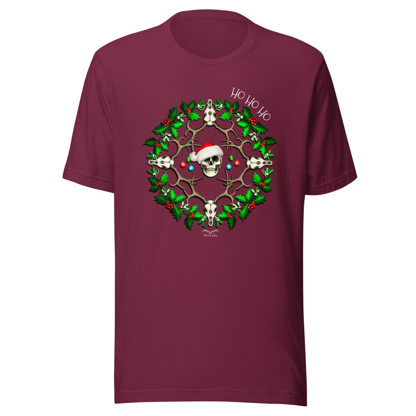 stormseye design festive skulls christmas T shirt flat view maroon red