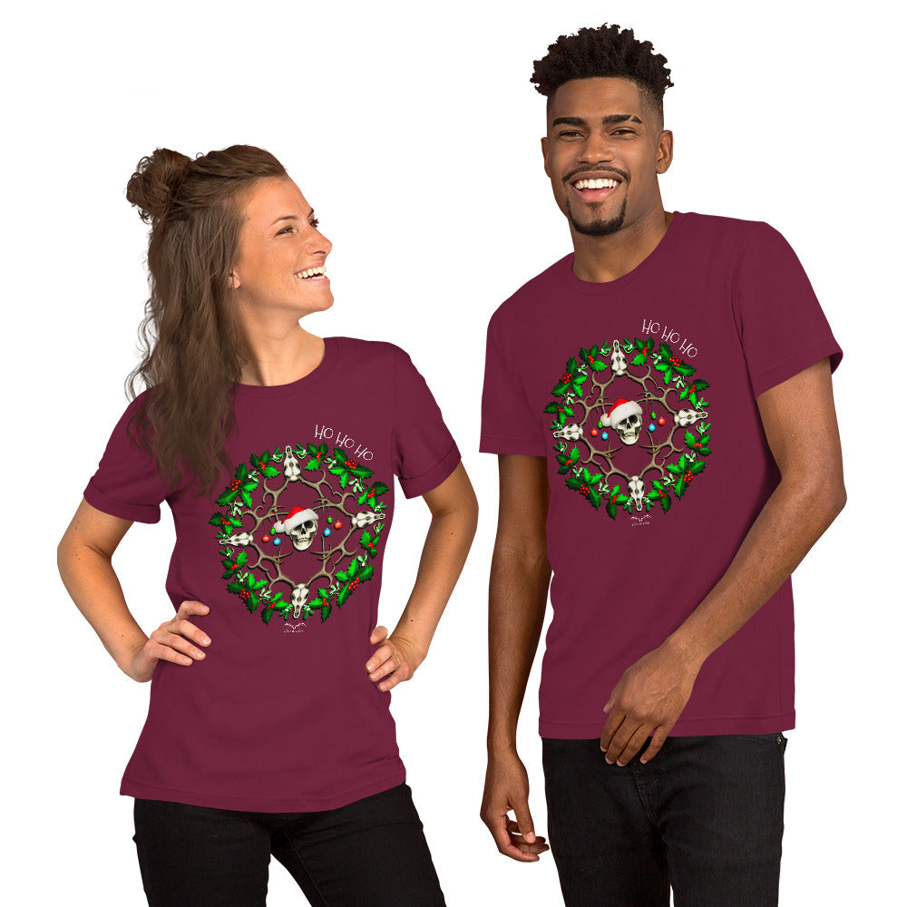 stormseye design festive skulls christmas T shirt modelled view maroon red