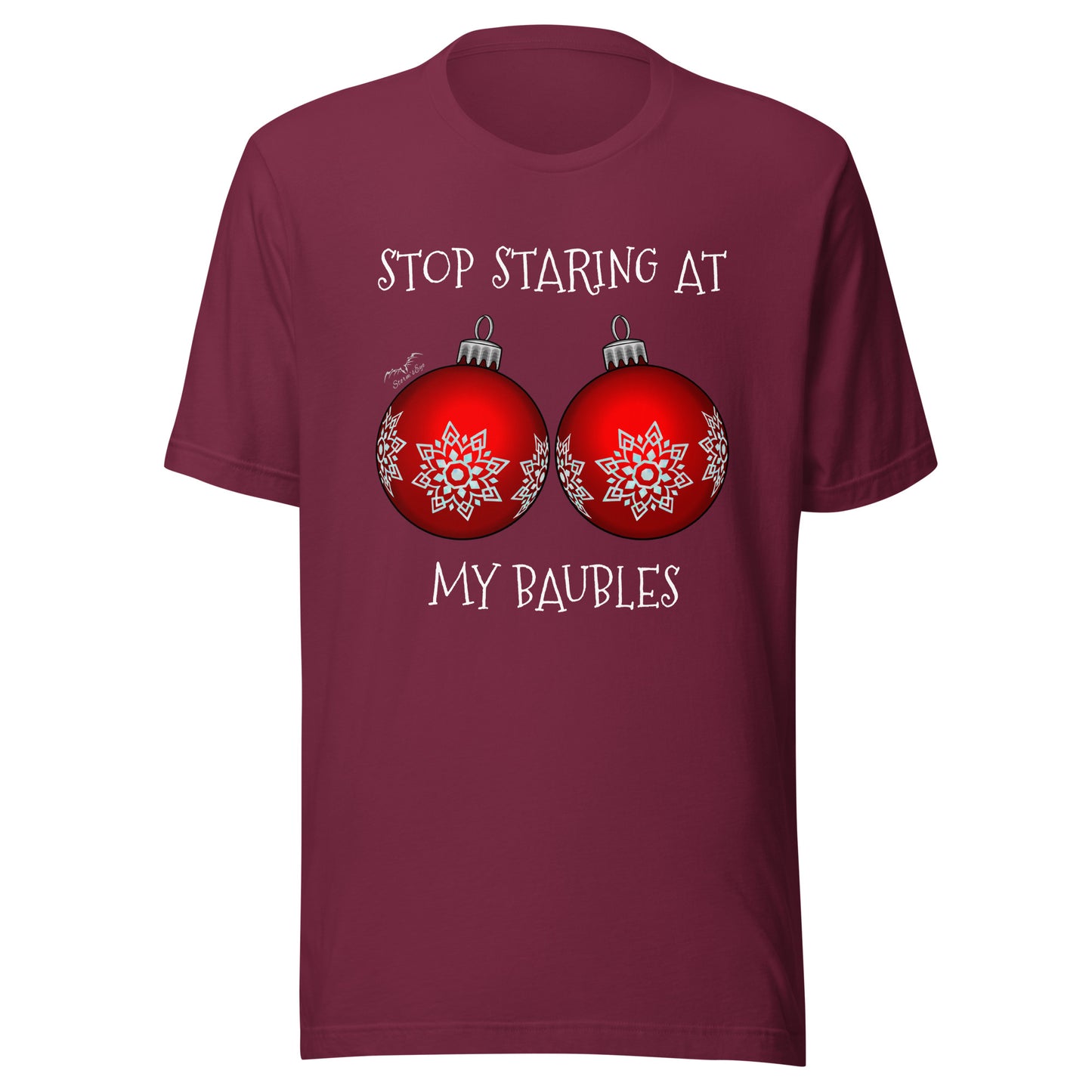 stormseye design stop staring baubles christmas T shirt, flat view maroon red