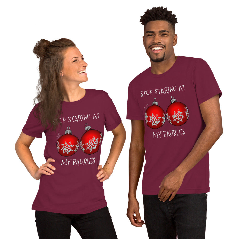 stormseye design stop staring baubles christmas T shirt, modelled view maroon red