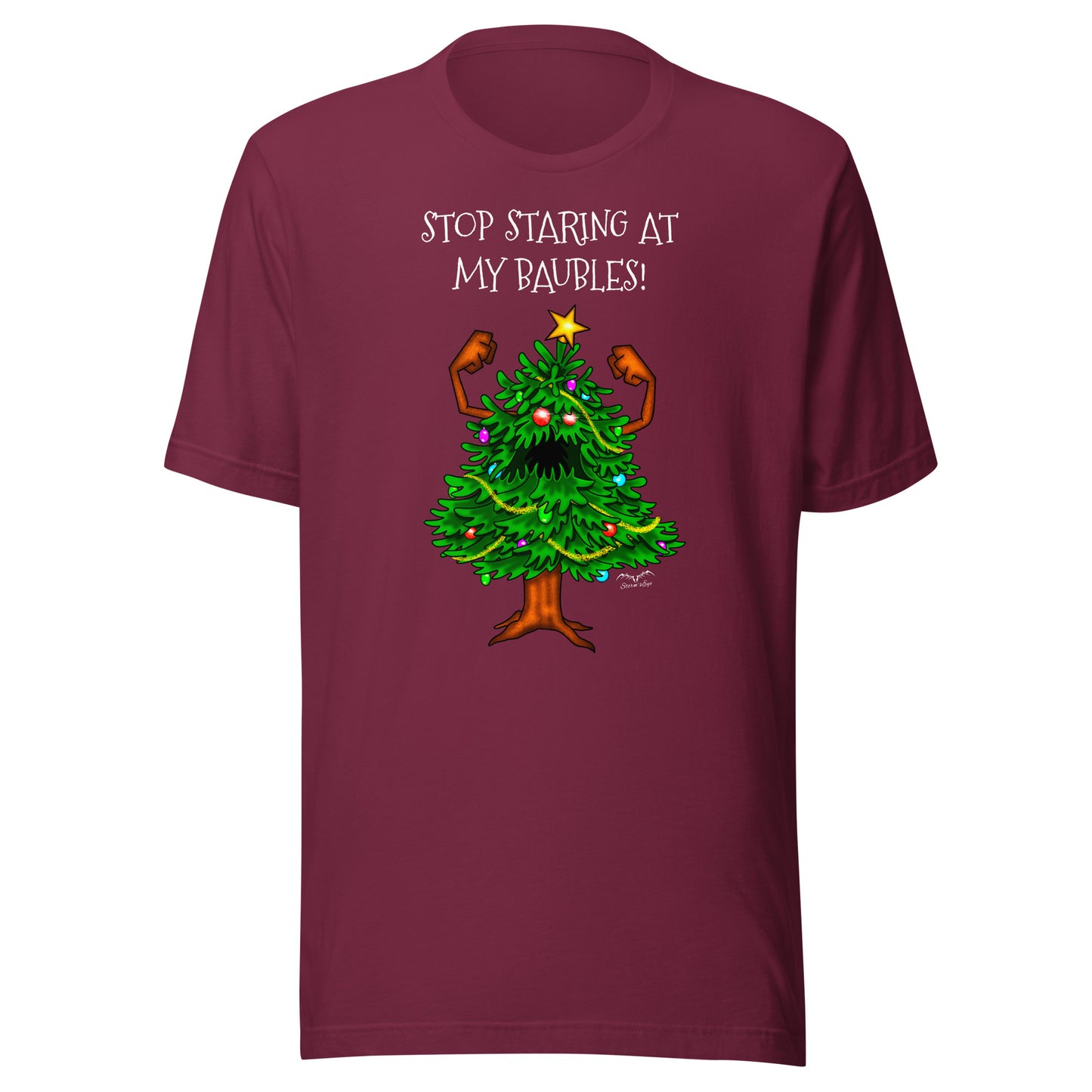 stormseye design angry christmas tree baubles T shirt, flat view maroon red