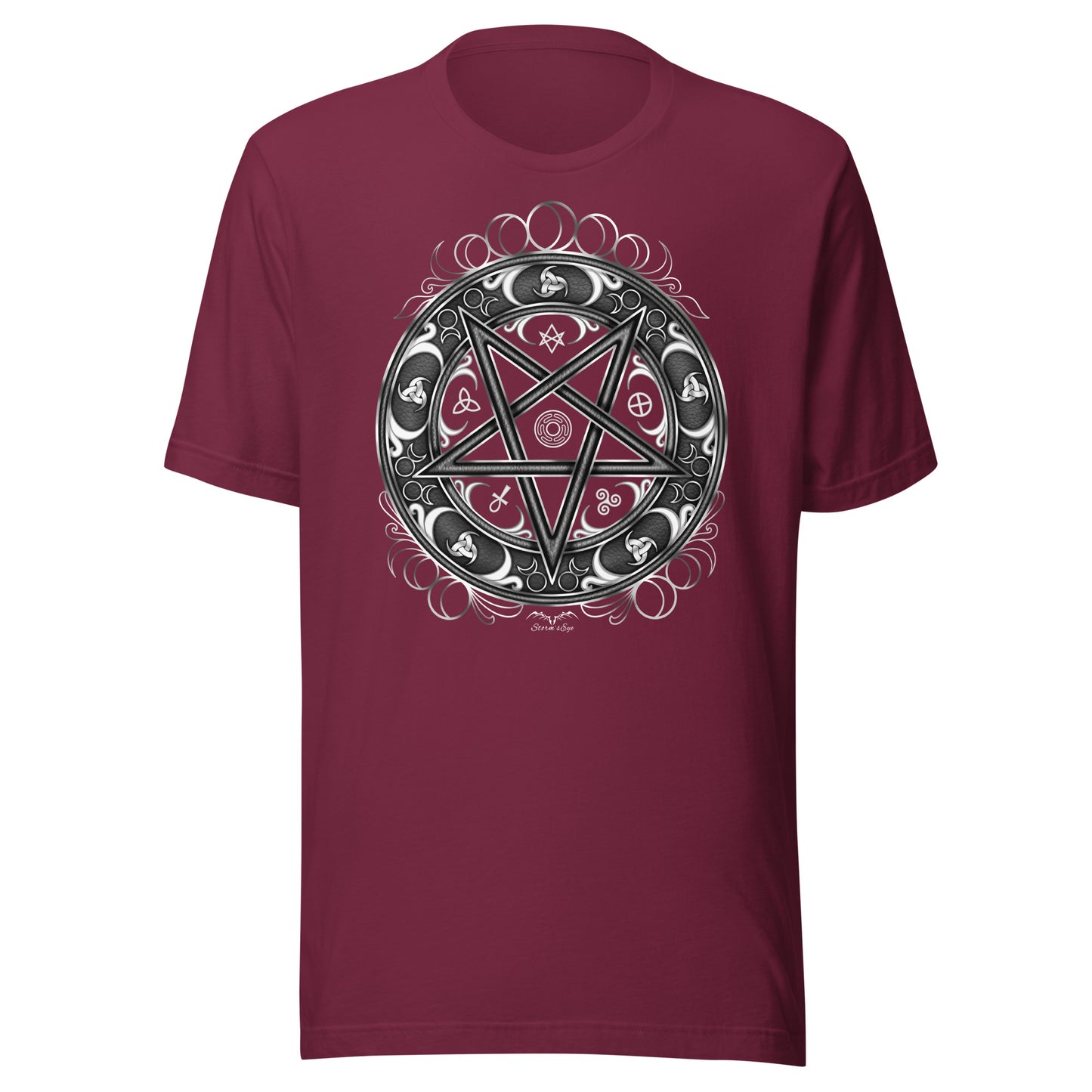 stormseye design witchy occult wheel T shirt, flat view maroon red
