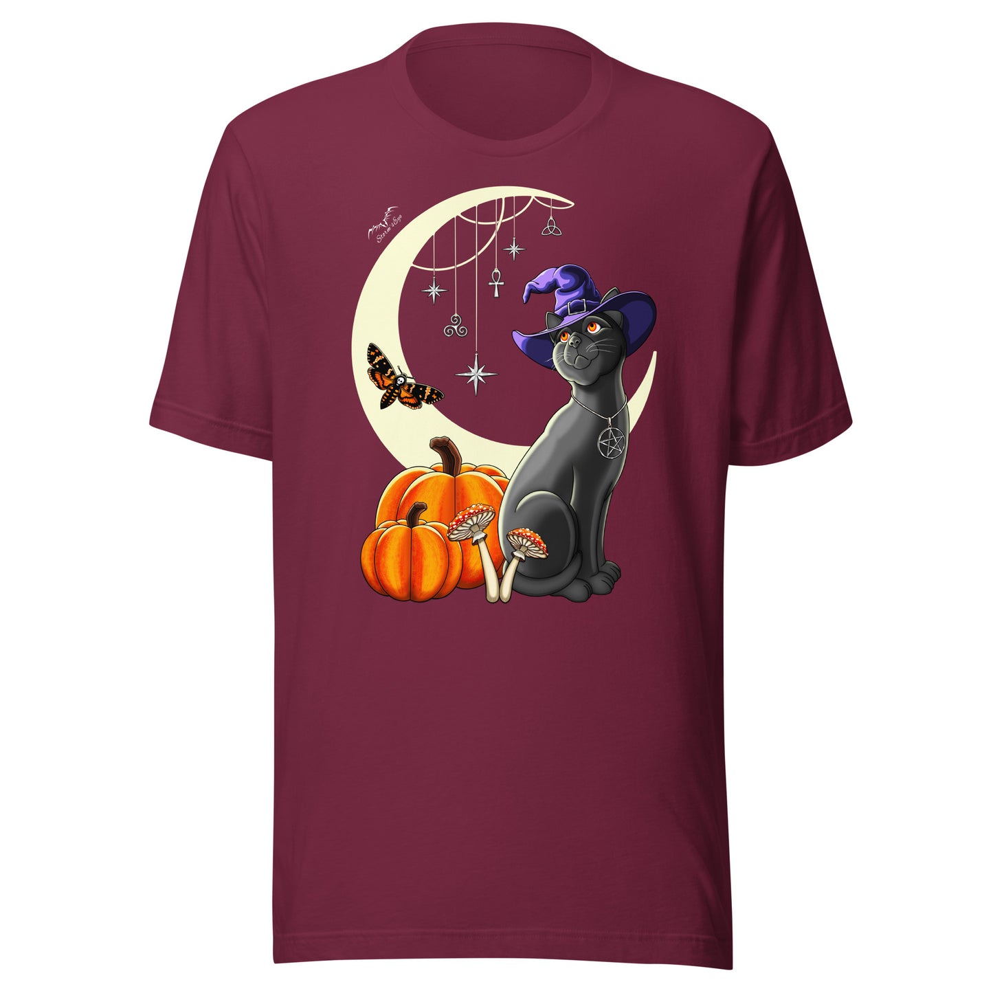 stormseye design witch's cat t-shirt halloween flat view maroon red