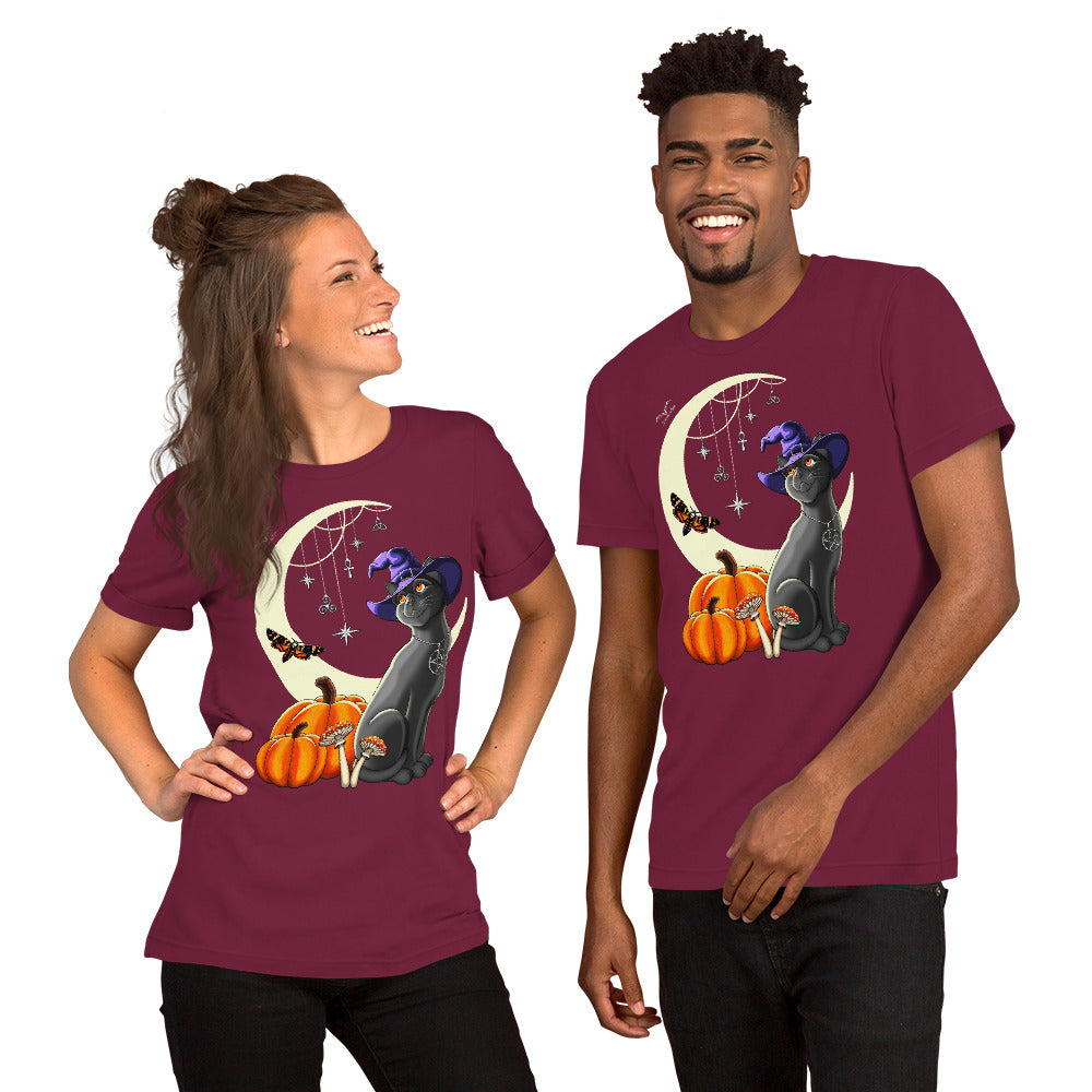 stormseye design witch's cat t-shirt halloween modelled view maroon red