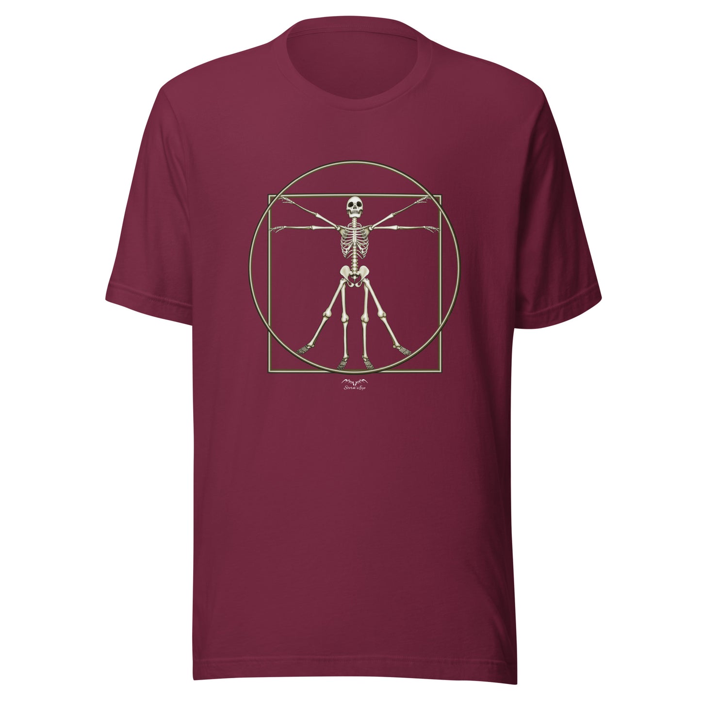 stormseye design vitruvian skeleton gothic t-shirt flat view maroon red