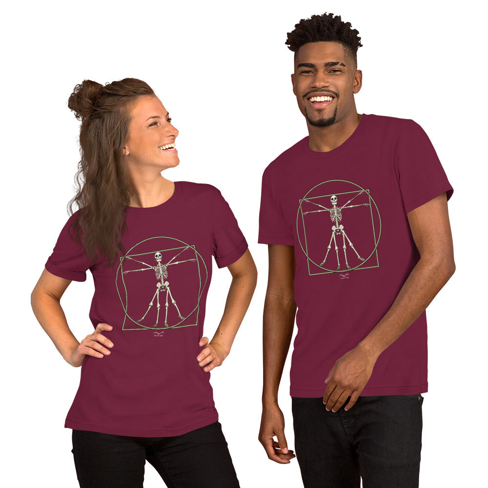 stormseye design vitruvian skeleton gothic t-shirt modelled view maroon red