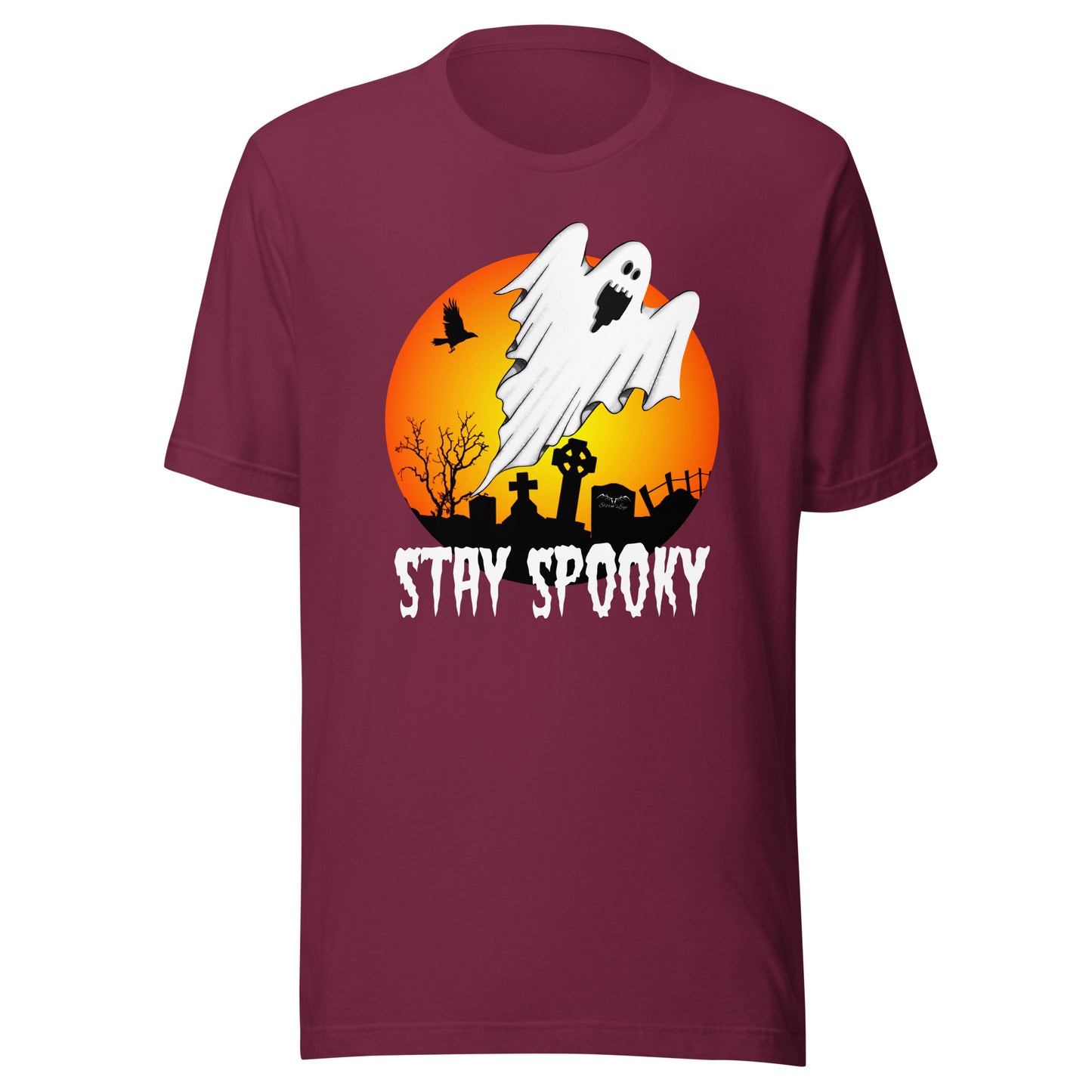 stormseye design stay spooky halloween T shirt, flat view maroon red