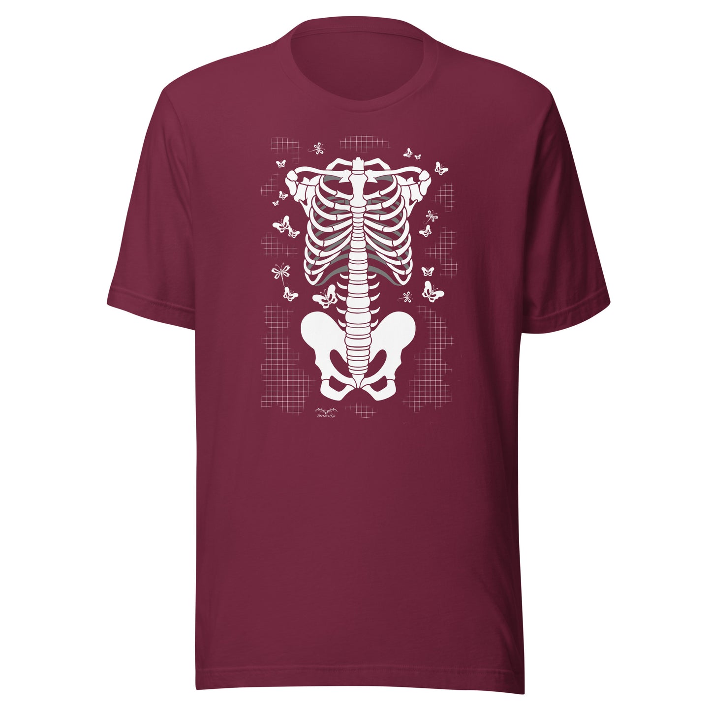 stormseye design skeleton torso gothic T shirt, flat view maroon red