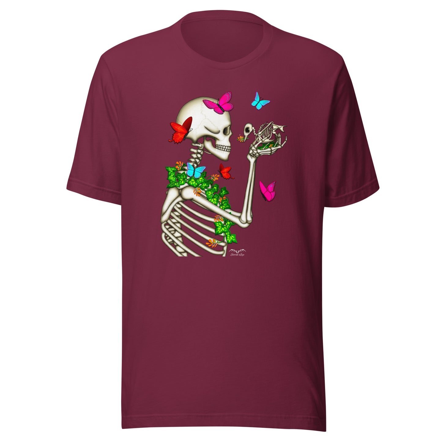 stormseye design skeleton and bird gothic T shirt, flat view maroon red