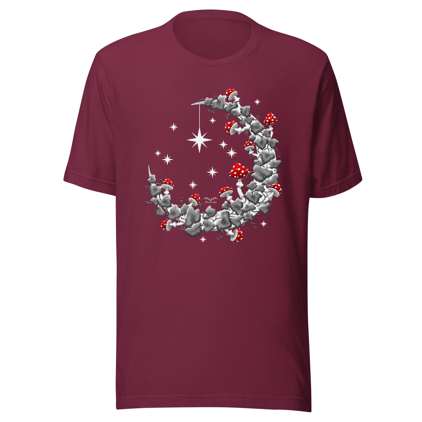 stormseye design mushroom moon BW T-shirt, flat view maroon red