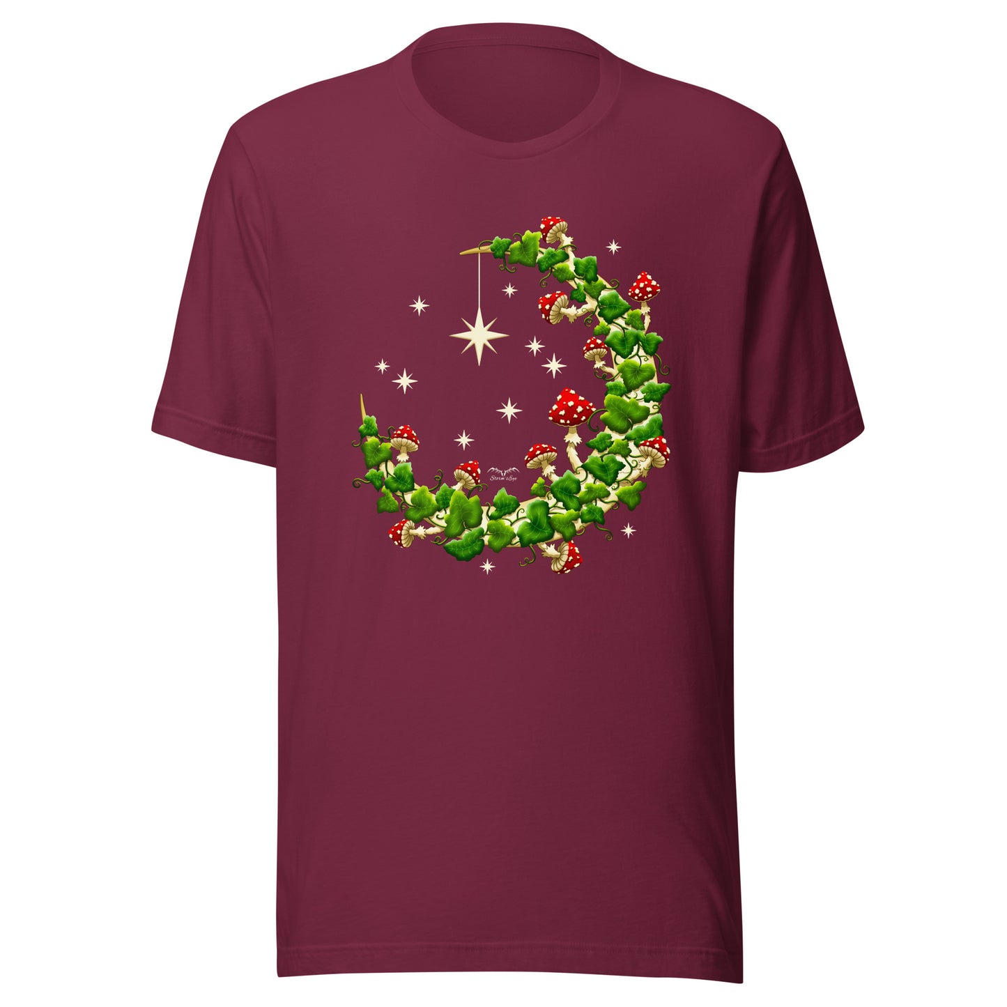 stormseye design mushroom moon witchy cottagecore T shirt, colour, flat view maroon red