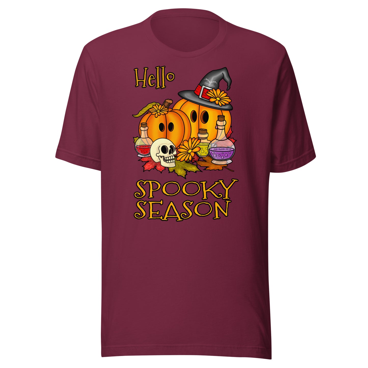 stormseye design hello spooky season halloween T shirt flat view maroon red