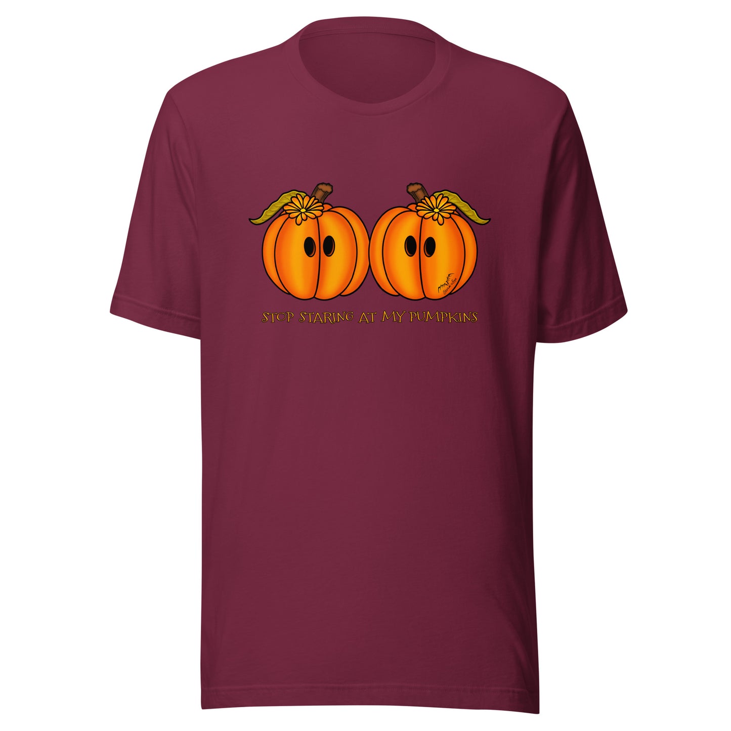 stormseye design staring pumpkins T shirt flat view maroon red