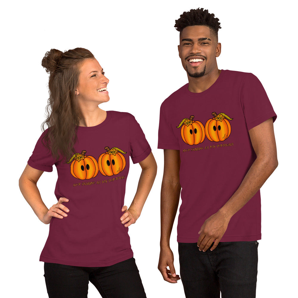 stormseye design staring pumpkins T shirt modelled view maroon red