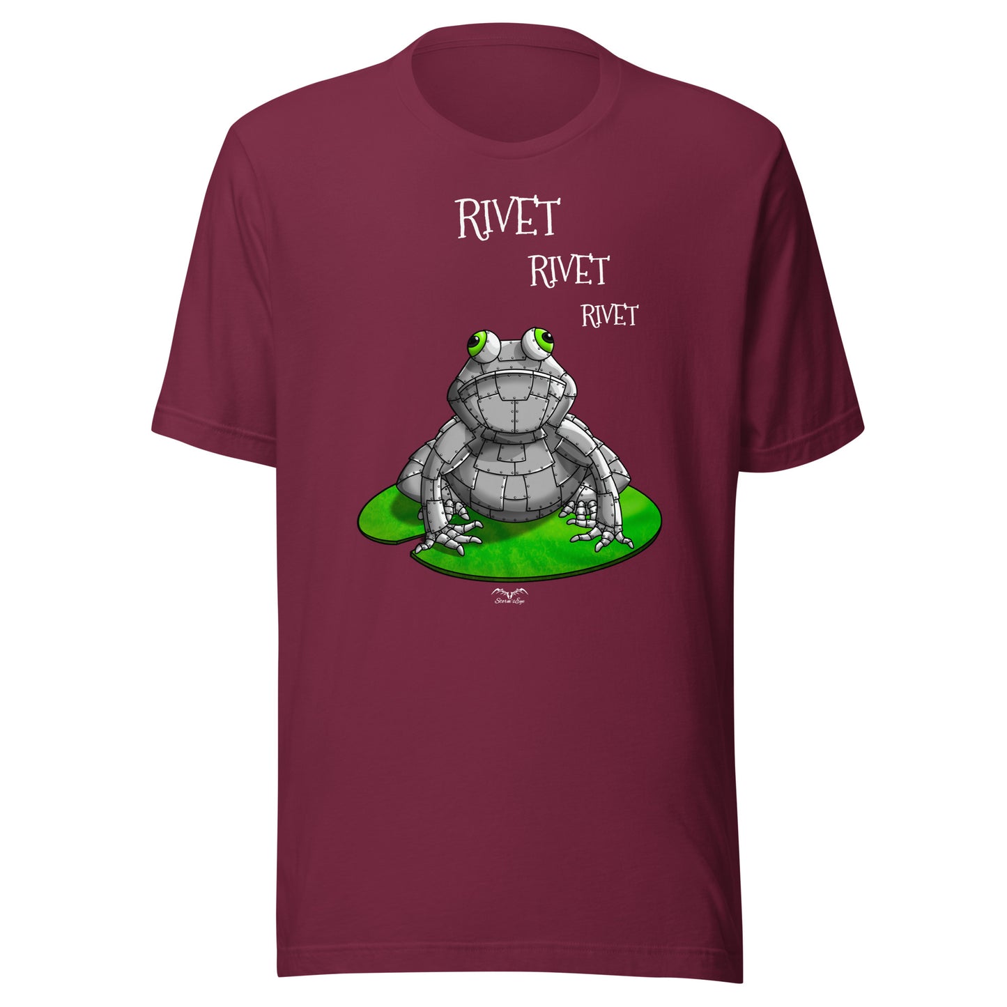 stormseye design metal frog T shirt, flat view maroon