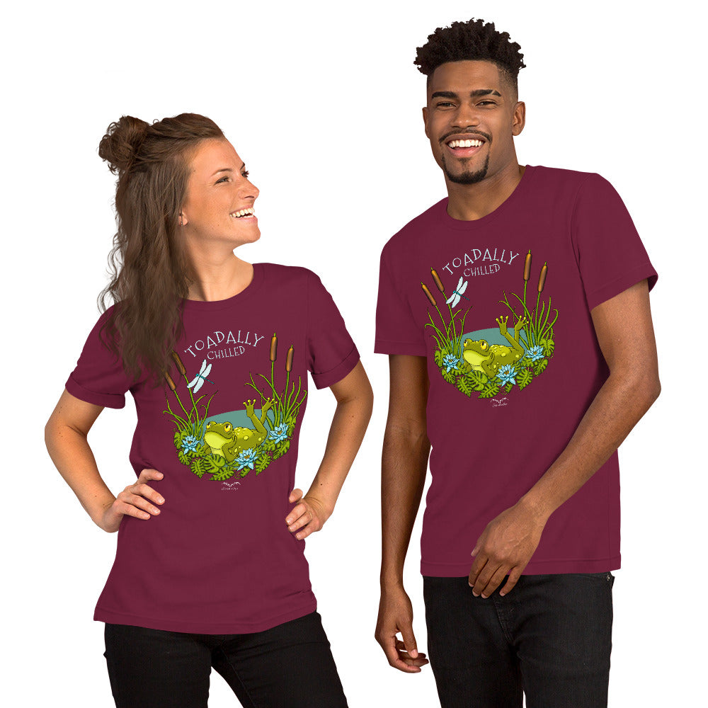 stormseye design toadally chilled T shirt, modelled view maroon
