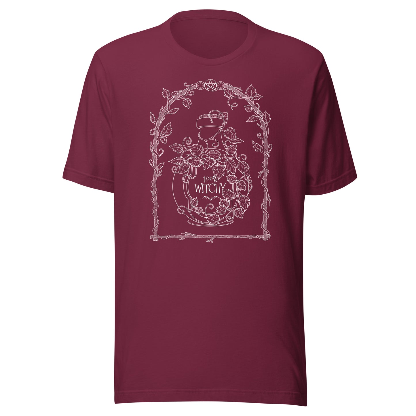 stormseye design 100% witchy witchcraft T shirt, flat view maroon