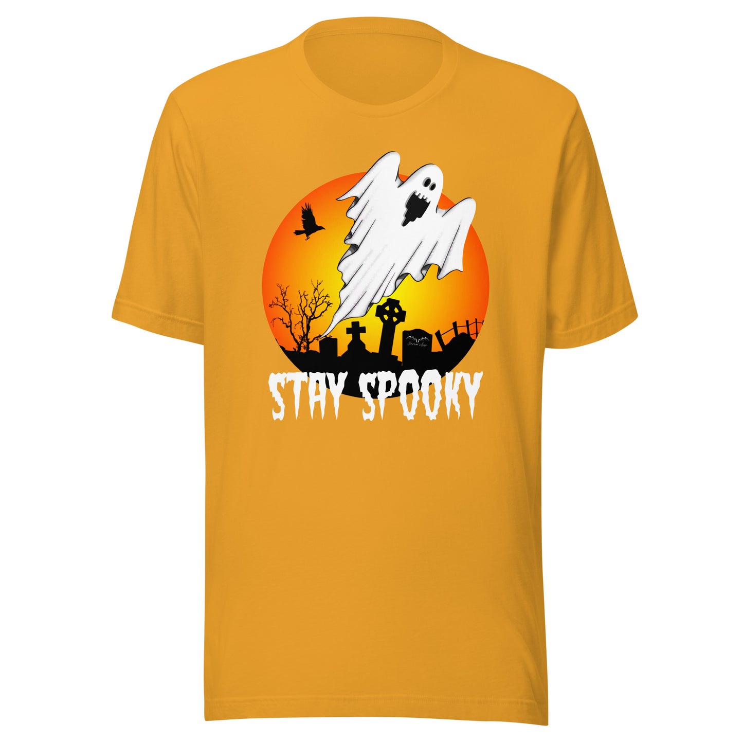 stormseye design stay spooky halloween T shirt, flat view mustard yellow