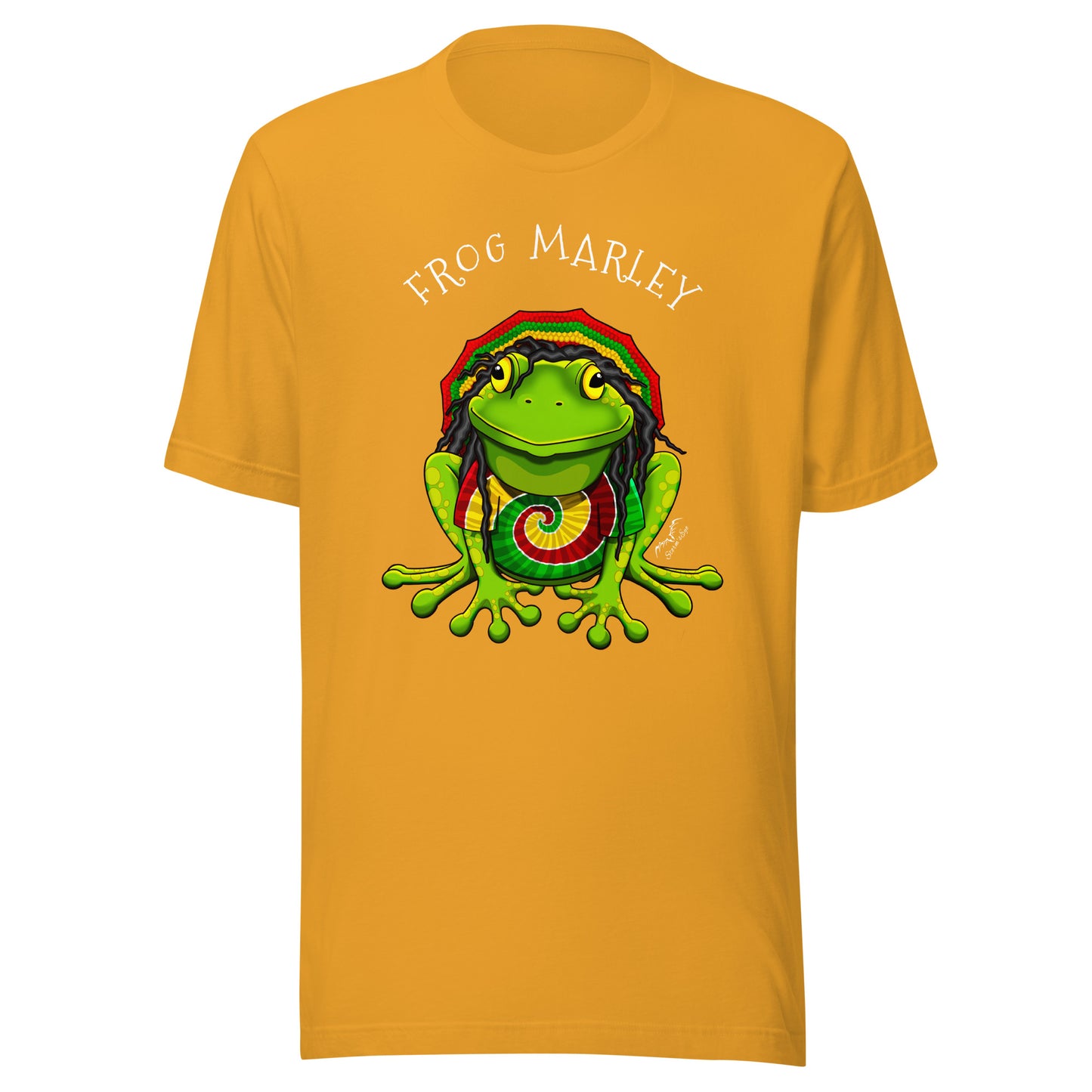 stormseye design frog marley reggae T shirt, flat view yellow