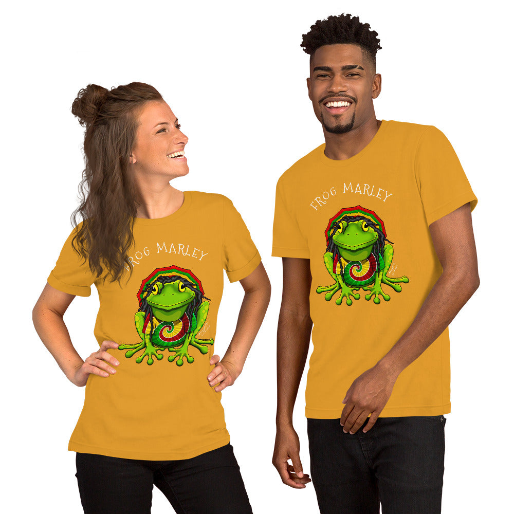 stormseye design frog marley reggae T shirt, modelled view yellow