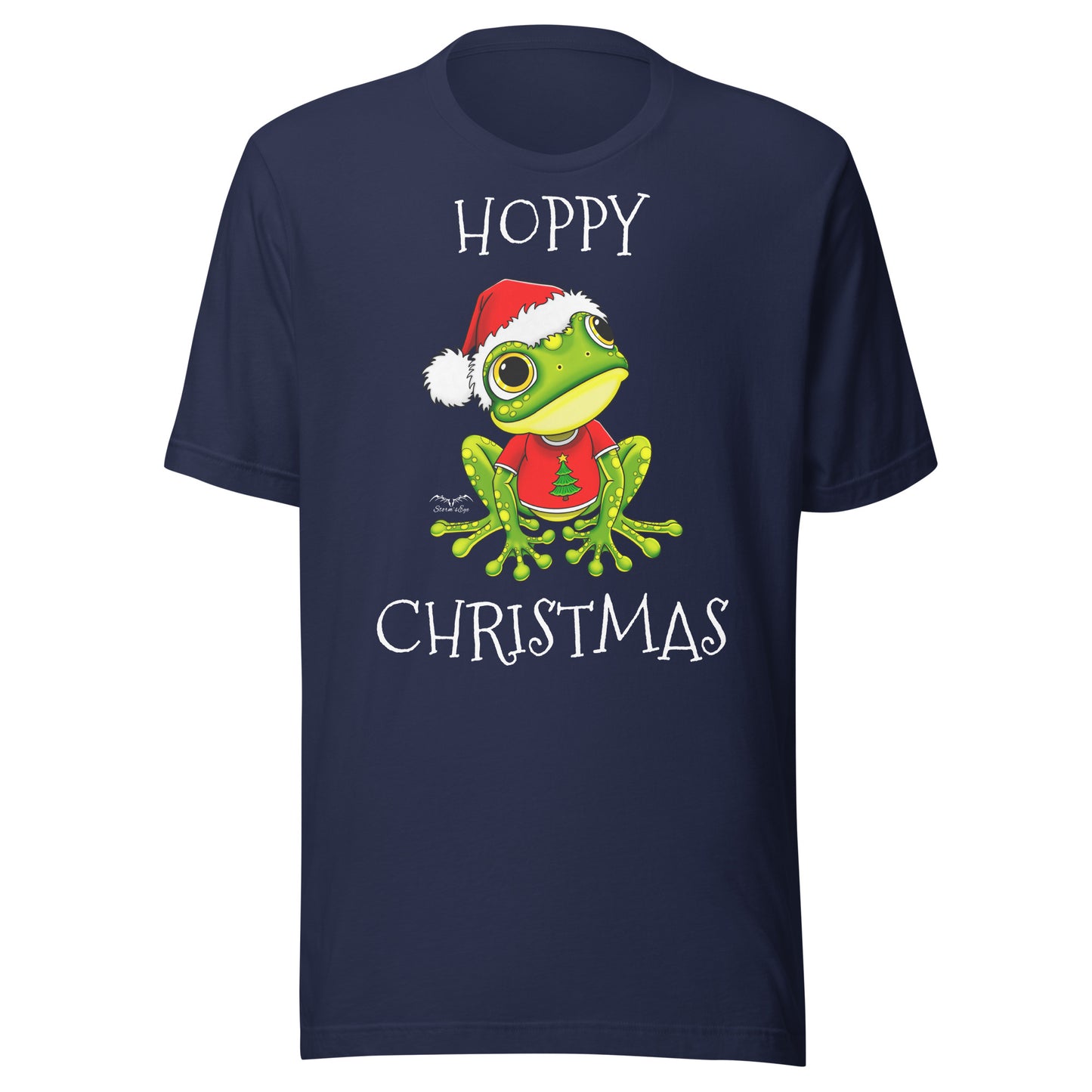 stormseye design hoppy christmas santa frog T shirt, flat view navy blue