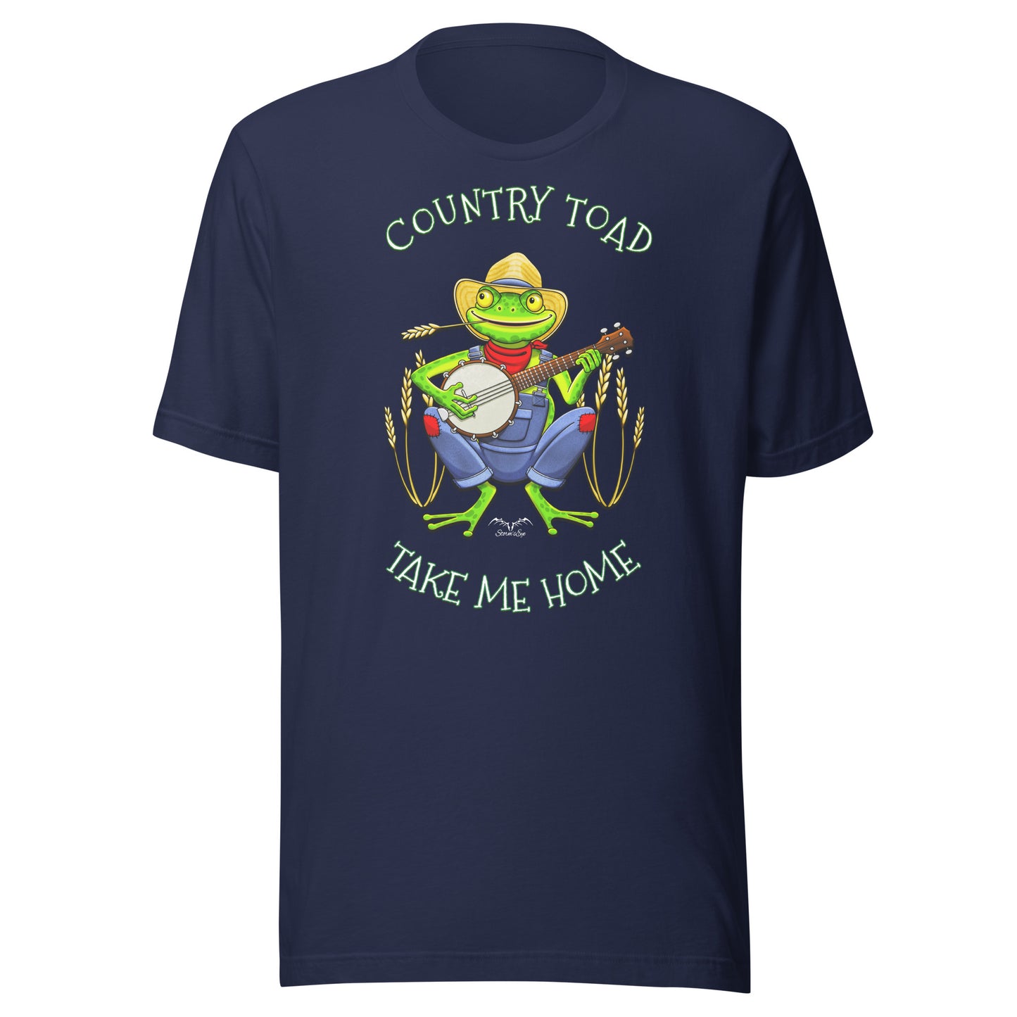 stormseye design country toad banjo T shirt, flat view navy blue