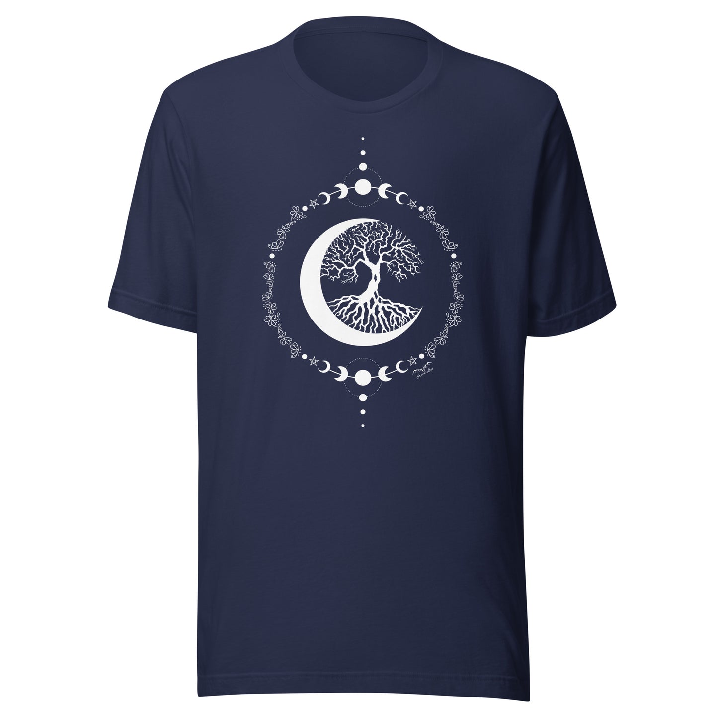 stormseye design witching hour tree of life T shirt, flat view navy blue