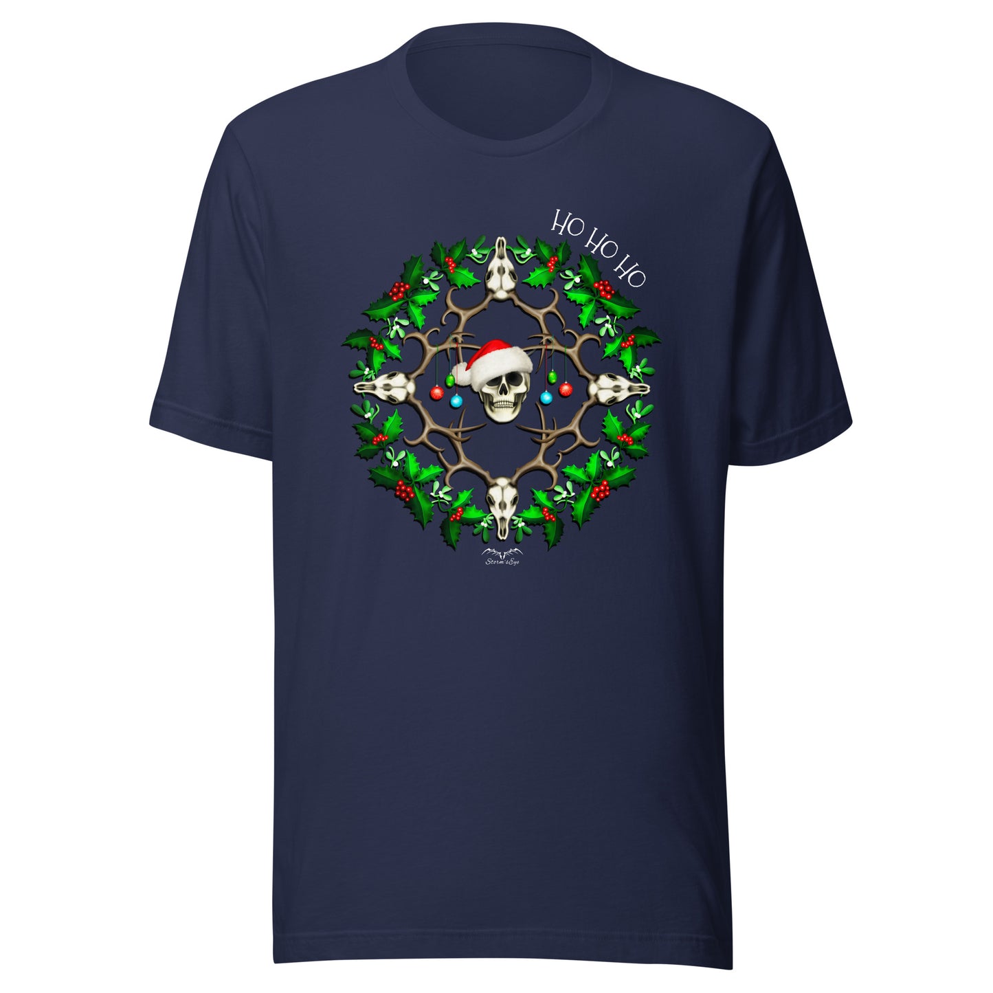 stormseye design festive skulls christmas T shirt flat view navy blue