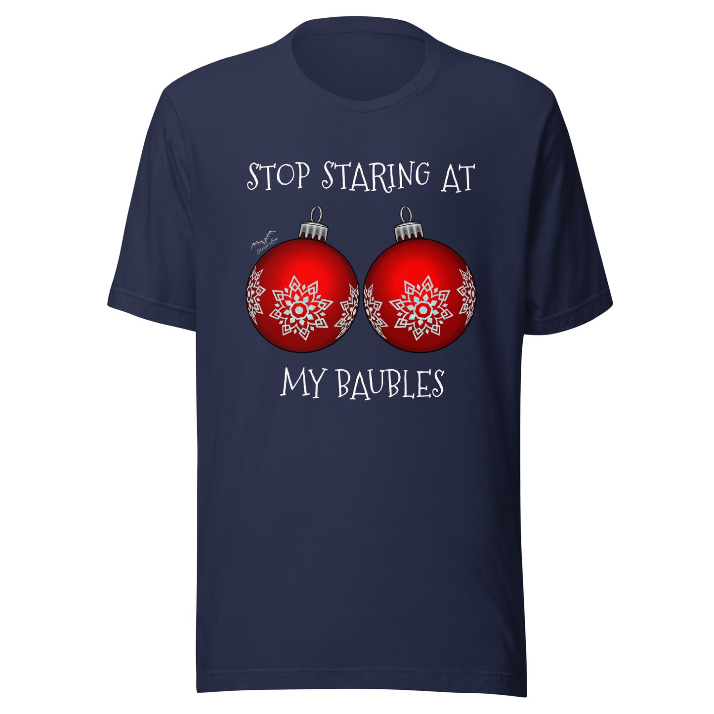 stormseye design stop staring baubles christmas T shirt, flat view navy blue