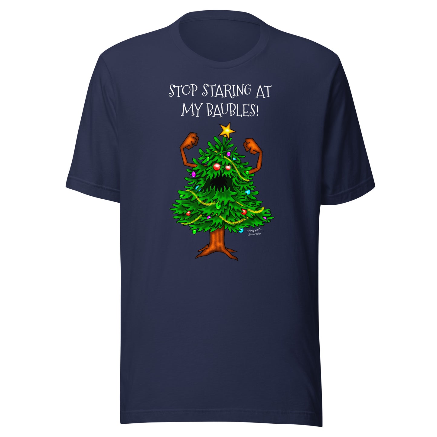 stormseye design angry christmas tree baubles T shirt, flat view navy blue