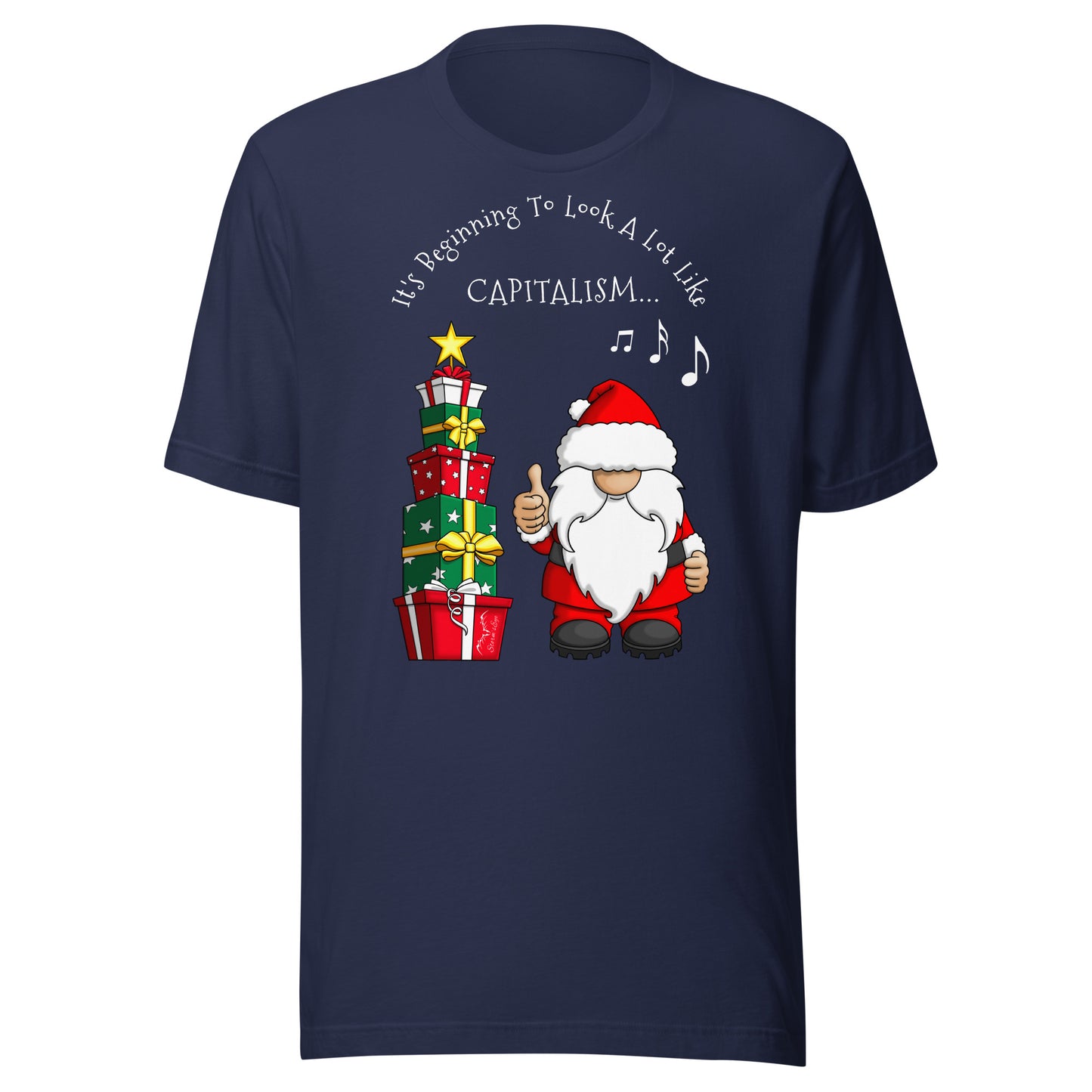 stormseye design festive capitalism christmas T shirt, flat view navy blue