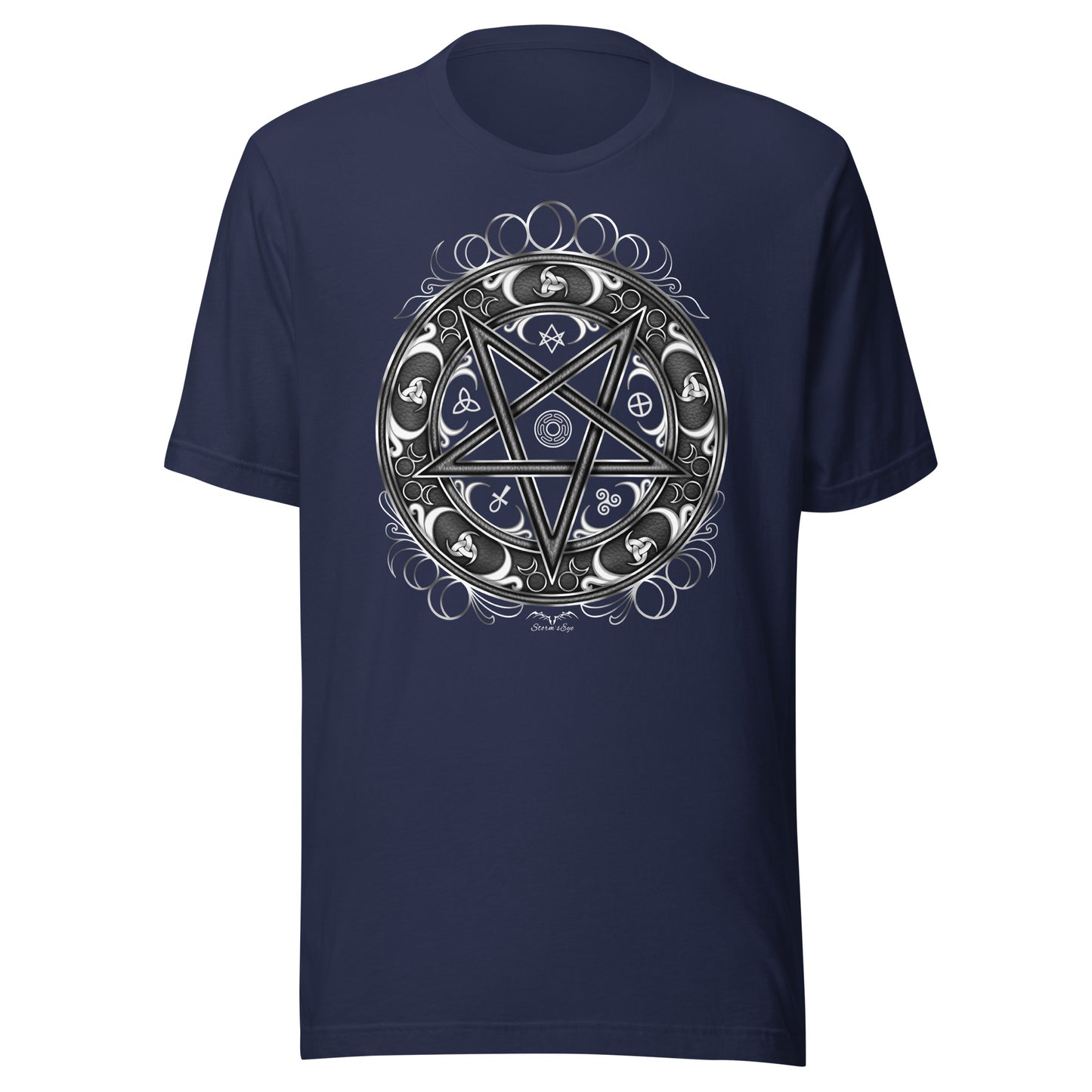 stormseye design witchy occult wheel T shirt, flat view navy blue