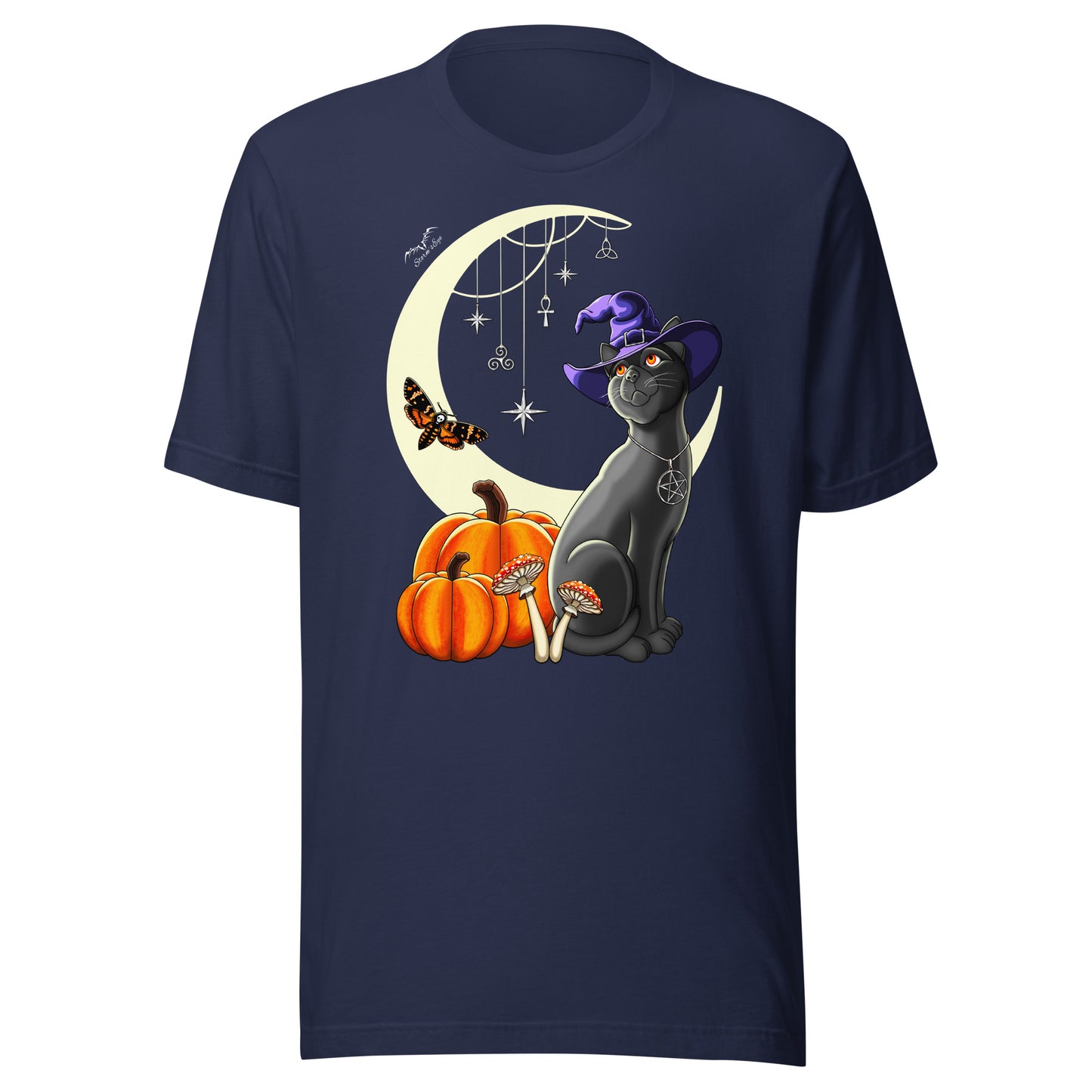 stormseye design witch's cat t-shirt halloween flat view navy blue