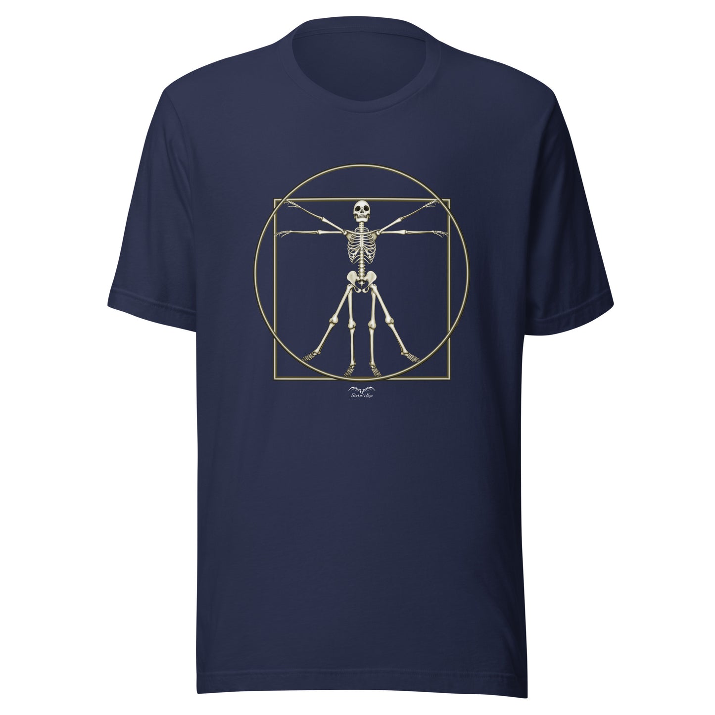 stormseye design vitruvian skeleton gothic t-shirt flat view navy blue