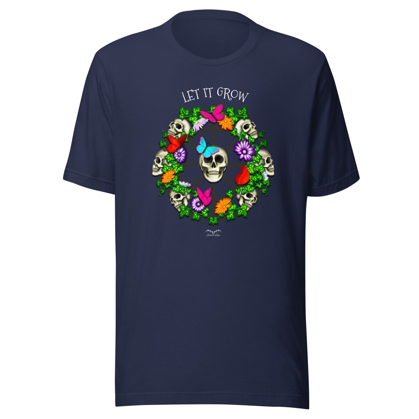 stormseye design skulls and flowers gothic T shirt, flat view navy blue