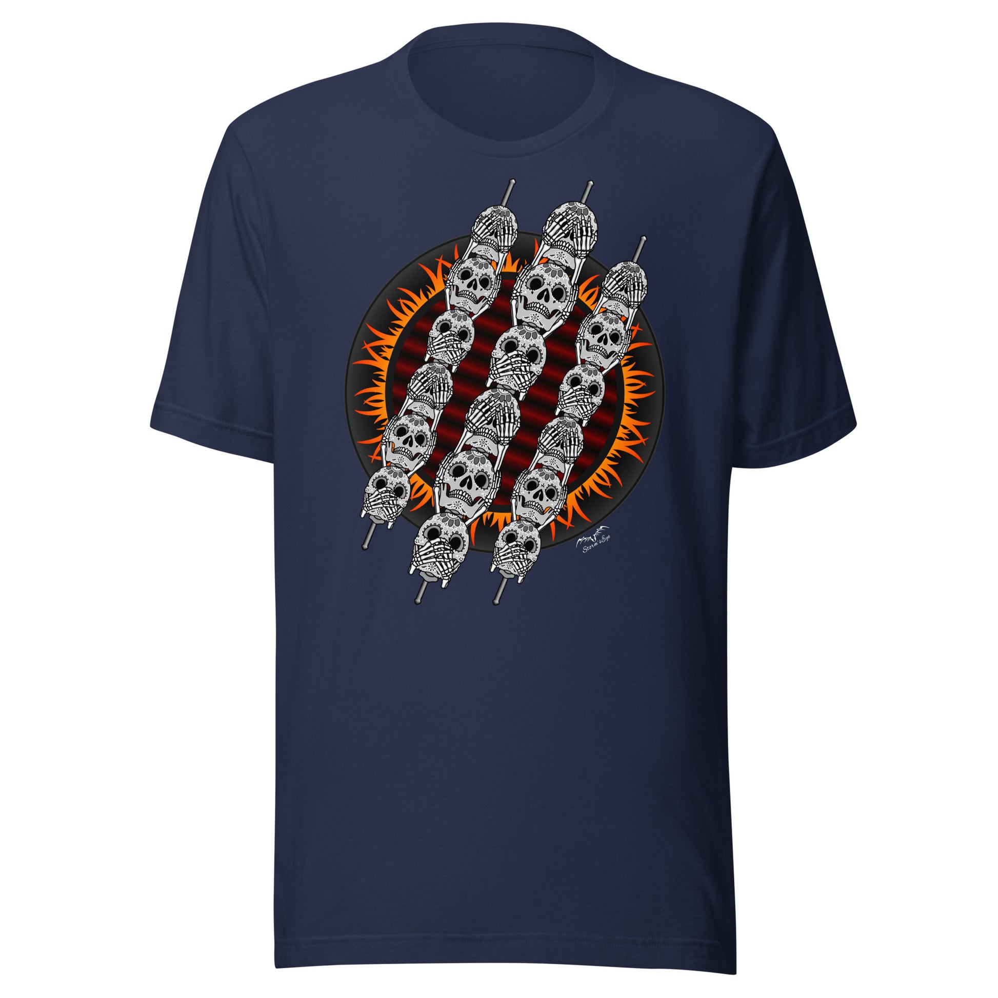 stormseye design skewer skulls gothic BBQ T shirt, modelled view navy blue