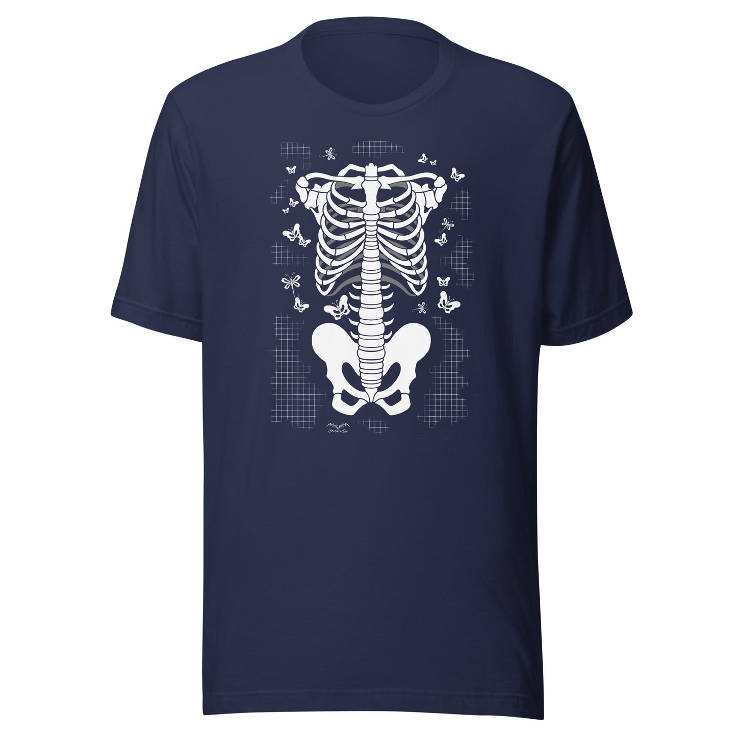 stormseye design skeleton torso gothic T shirt, flat view navy blue